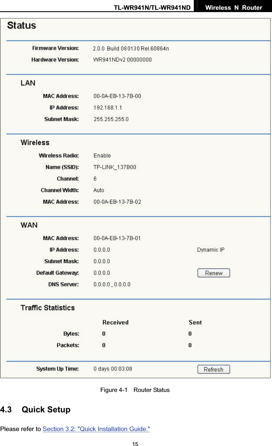 TL-WR941N/TL-WR941ND  Wireless N Router  15Figure 4-1    Router Status 4.3 Quick Setup Please refer to Section 3.2: &quot;Quick Installation Guide.&quot;