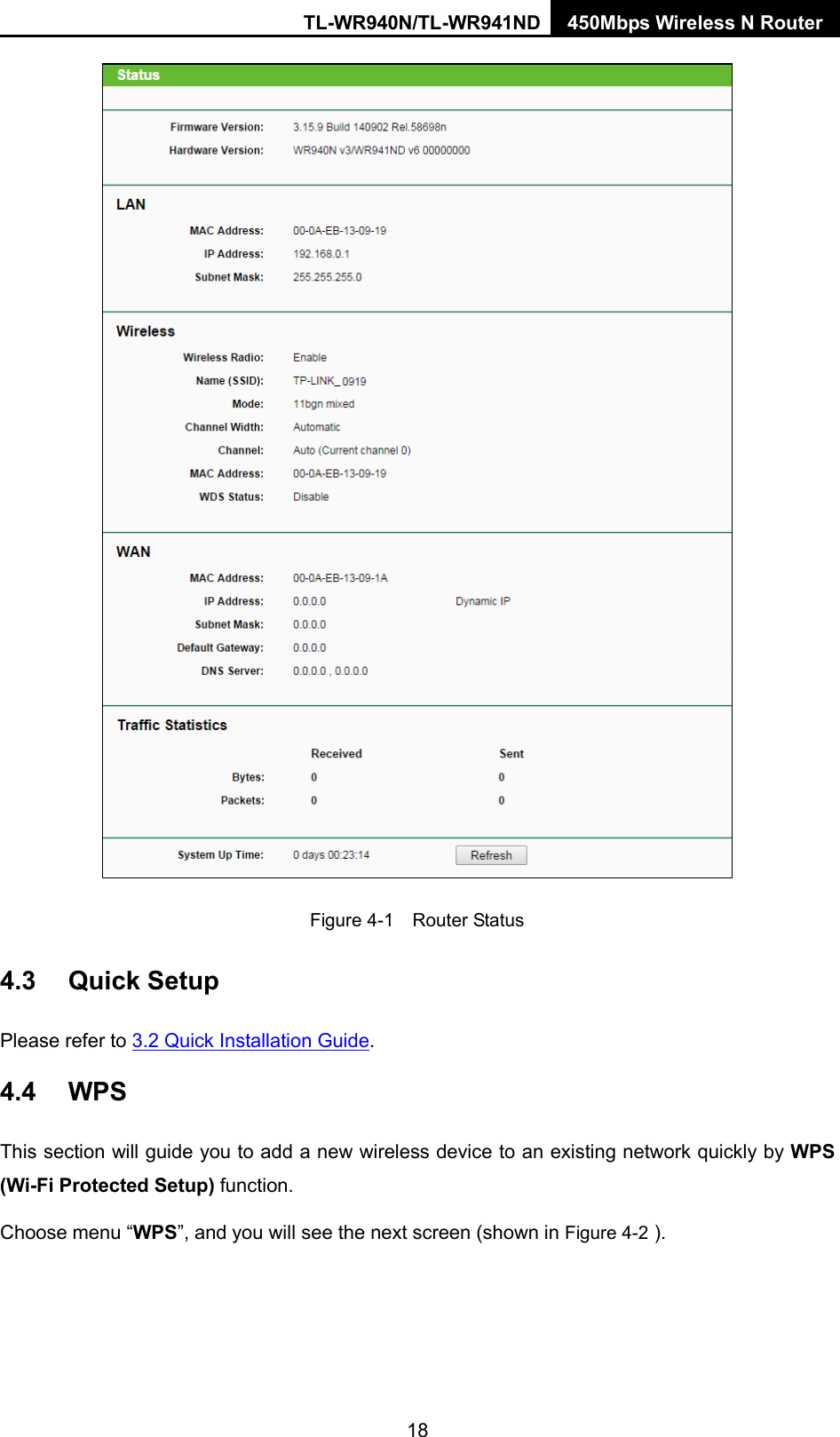 TL-WR940N/TL-WR941ND 450Mbps Wireless N Router   Figure 4-1  Router Status 4.3 Quick Setup Please refer to 3.2 Quick Installation Guide. 4.4 WPS This section will guide you to add a new wireless device to an existing network quickly by WPS (Wi-Fi Protected Setup) function.   Choose menu “WPS”, and you will see the next screen (shown in Figure 4-2 ). 18 