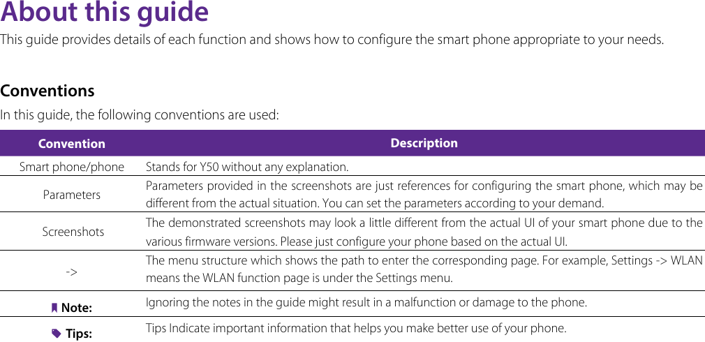 About this guideThis guide provides details of each function and shows how to configure the smart phone appropriate to your needs. ConventionsIn this guide, the following conventions are used:Convention DescriptionSmart phone/phone Stands for Y50 without any explanation.Parameters Parameters provided in the screenshots are just references for configuring the smart phone, which may be different from the actual situation. You can set the parameters according to your demand. Screenshots  The demonstrated screenshots may look a little different from the actual UI of your smart phone due to the various firmware versions. Please just configure your phone based on the actual UI. -&gt; The menu structure which shows the path to enter the corresponding page. For example, Settings -&gt;  WLAN  means the WLAN function page is under the Settings menu.Note: Ignoring the notes in the guide might result in a malfunction or damage to the phone.Tips: Tips Indicate important information that helps you make better use of your phone.