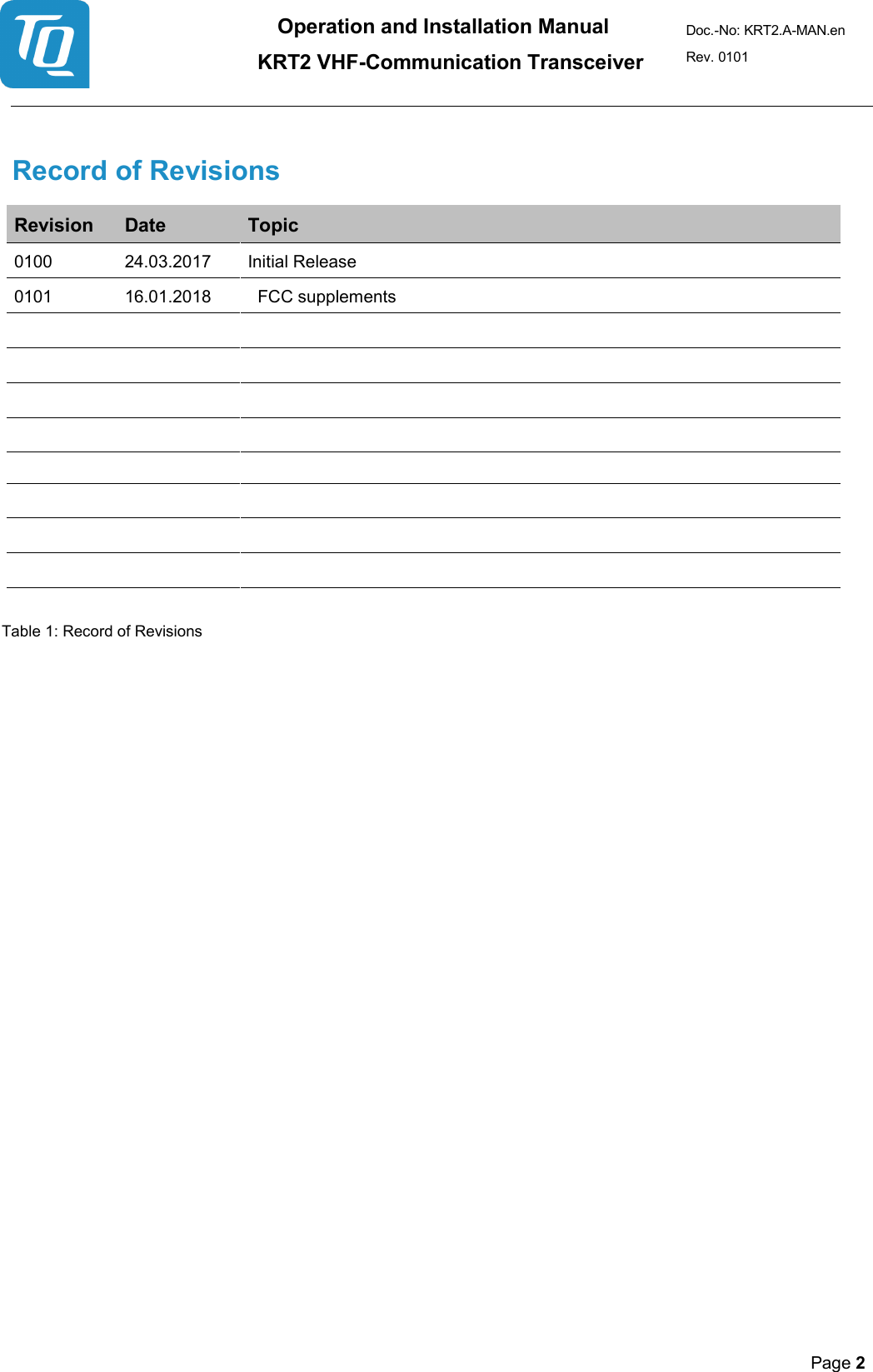 Operation and Installation Manual          KRT2 VHF-Communication Transceiver Doc.-No: KRT2.A-MAN.en Rev. 0101       Page 2     Record of Revisions  Revision Date Topic 0100 24.03.2017 Initial Release 0101 16.01.2018 FCC supplements                                              Table 1: Record of Revisions     