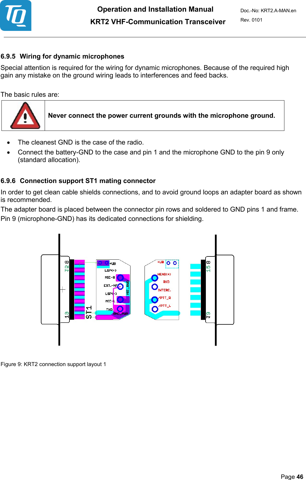 Operation and Installation Manual          KRT2 VHF-Communication Transceiver Doc.-No: KRT2.A-MAN.en Rev. 0101       Page 46    6.9.5 Wiring for dynamic microphones  Special attention is required for the wiring for dynamic microphones. Because of the required high gain any mistake on the ground wiring leads to interferences and feed backs.   The basic rules are:   Never connect the power current grounds with the microphone ground. • The cleanest GND is the case of the radio.  • Connect the battery-GND to the case and pin 1 and the microphone GND to the pin 9 only (standard allocation).  6.9.6 Connection support ST1 mating connector In order to get clean cable shields connections, and to avoid ground loops an adapter board as shown is recommended.  The adapter board is placed between the connector pin rows and soldered to GND pins 1 and frame.  Pin 9 (microphone-GND) has its dedicated connections for shielding.      Figure 9: KRT2 connection support layout 1    