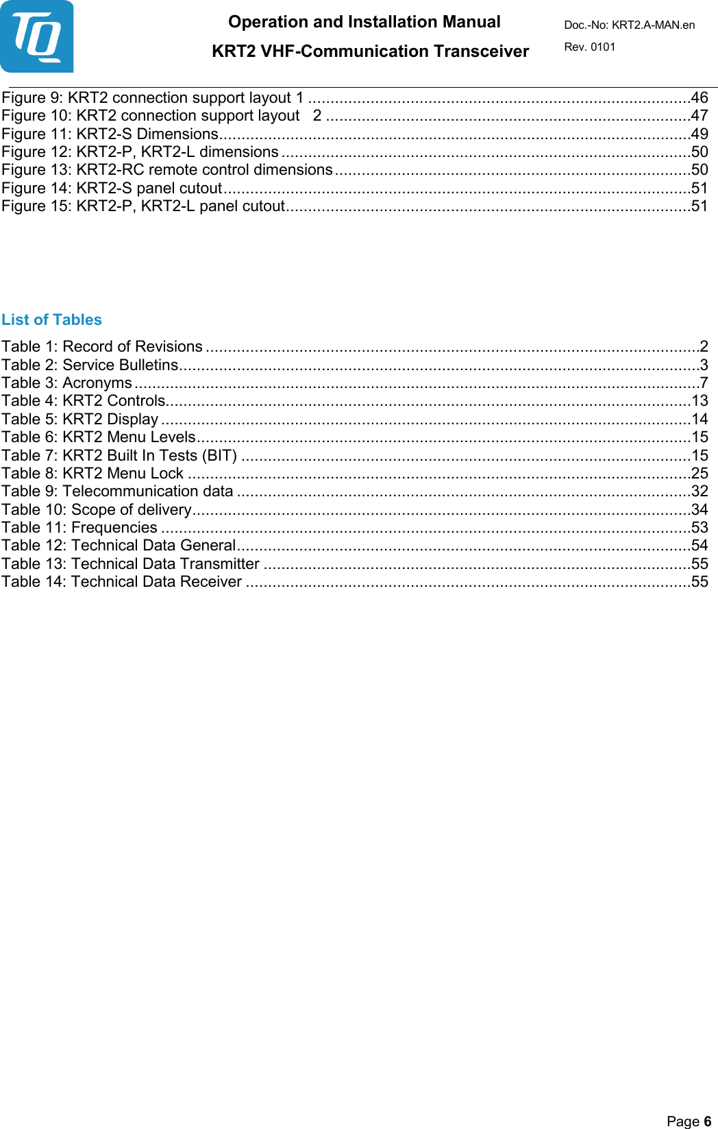 Operation and Installation Manual          KRT2 VHF-Communication Transceiver Doc.-No: KRT2.A-MAN.en Rev. 0101       Page 6   Figure 9: KRT2 connection support layout 1 ...................................................................................... 46 Figure 10: KRT2 connection support layout   2 .................................................................................. 47 Figure 11: KRT2-S Dimensions .......................................................................................................... 49 Figure 12: KRT2-P, KRT2-L dimensions ............................................................................................ 50 Figure 13: KRT2-RC remote control dimensions ................................................................................ 50 Figure 14: KRT2-S panel cutout ......................................................................................................... 51 Figure 15: KRT2-P, KRT2-L panel cutout ........................................................................................... 51   List of Tables Table 1: Record of Revisions ............................................................................................................... 2 Table 2: Service Bulletins ..................................................................................................................... 3 Table 3: Acronyms ............................................................................................................................... 7 Table 4: KRT2 Controls...................................................................................................................... 13 Table 5: KRT2 Display ....................................................................................................................... 14 Table 6: KRT2 Menu Levels ............................................................................................................... 15 Table 7: KRT2 Built In Tests (BIT) ..................................................................................................... 15 Table 8: KRT2 Menu Lock ................................................................................................................. 25 Table 9: Telecommunication data ...................................................................................................... 32 Table 10: Scope of delivery ................................................................................................................ 34 Table 11: Frequencies ....................................................................................................................... 53 Table 12: Technical Data General ...................................................................................................... 54 Table 13: Technical Data Transmitter ................................................................................................ 55 Table 14: Technical Data Receiver .................................................................................................... 55    