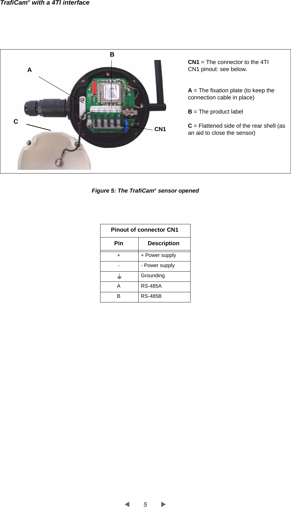 5WXTrafiCam® with a 4TI interfaceFigure 5: The TrafiCam® sensor openedCN1 = The connector to the 4TICN1 pinout: see below.A = The fixation plate (to keep the connection cable in place)B = The product labelC = Flattened side of the rear shell (as an aid to close the sensor)Pinout of connector CN1Pin Description+ + Power supply- - Power supply    GroundingA RS-485AB RS-485BCN1ACB