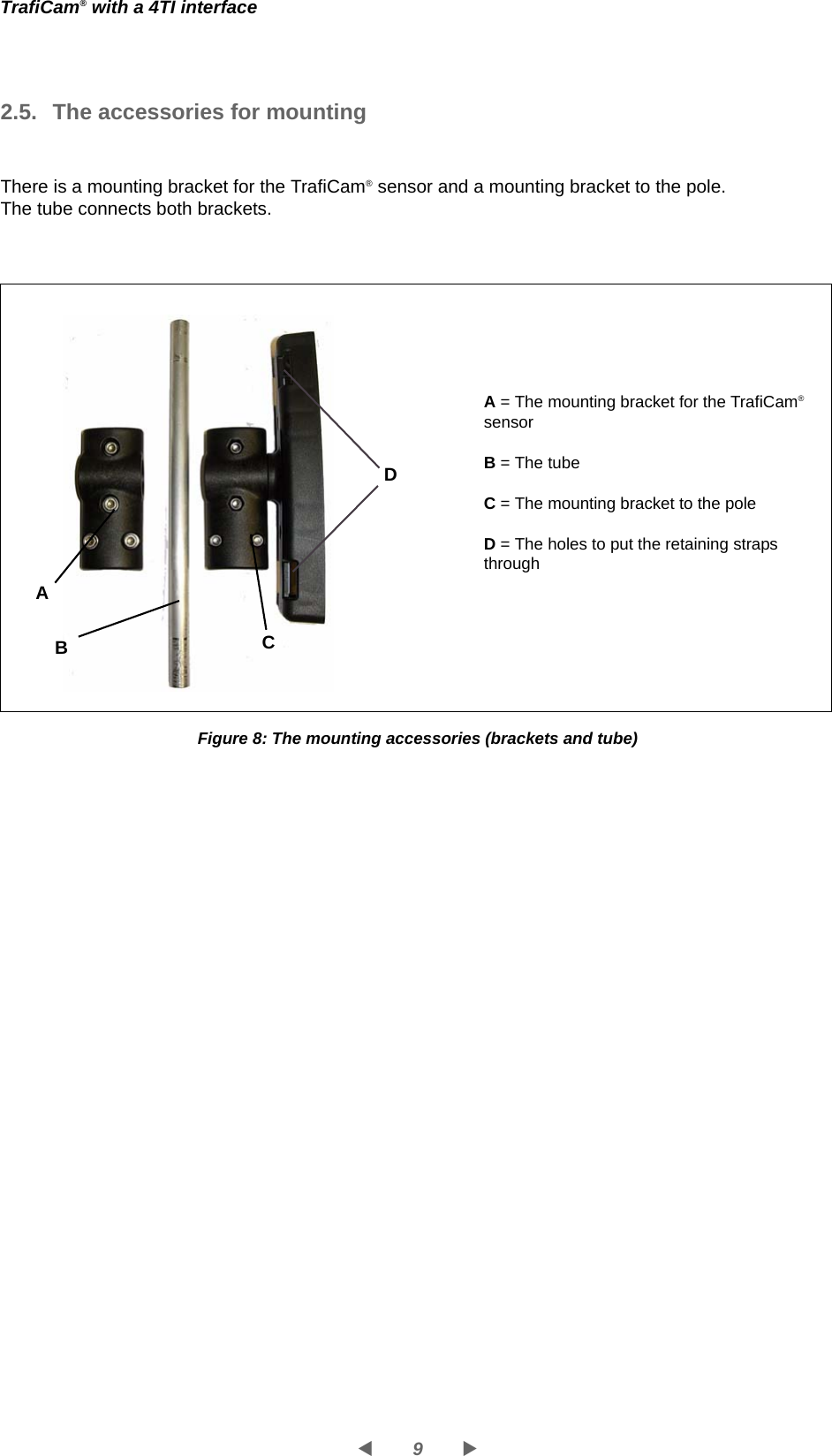 9WXTrafiCam® with a 4TI interface2.5.  The accessories for mountingThere is a mounting bracket for the TrafiCam® sensor and a mounting bracket to the pole. The tube connects both brackets.Figure 8: The mounting accessories (brackets and tube)A = The mounting bracket for the TrafiCam® sensorB = The tubeC = The mounting bracket to the poleD = The holes to put the retaining straps throughCABD