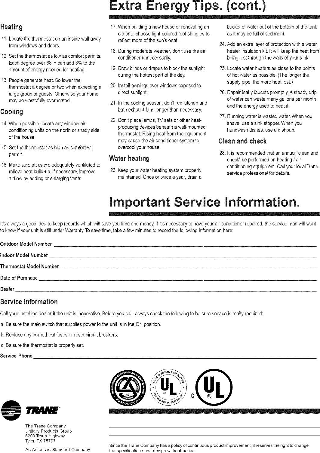 Page 6 of 6 - TRANE  Air Conditioner/heat Pump(outside Unit) Manual L0801742