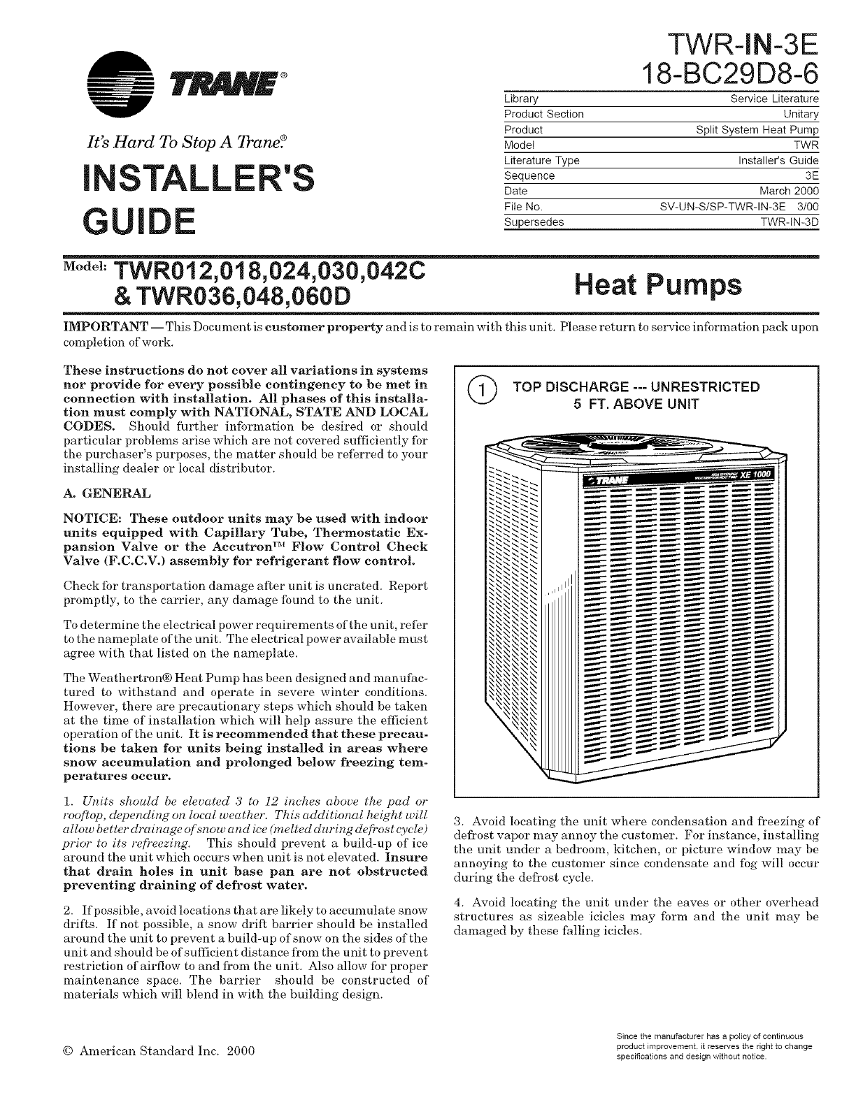 TRANE Air Conditioner/heat Pump(outside Unit) Manual L0802029