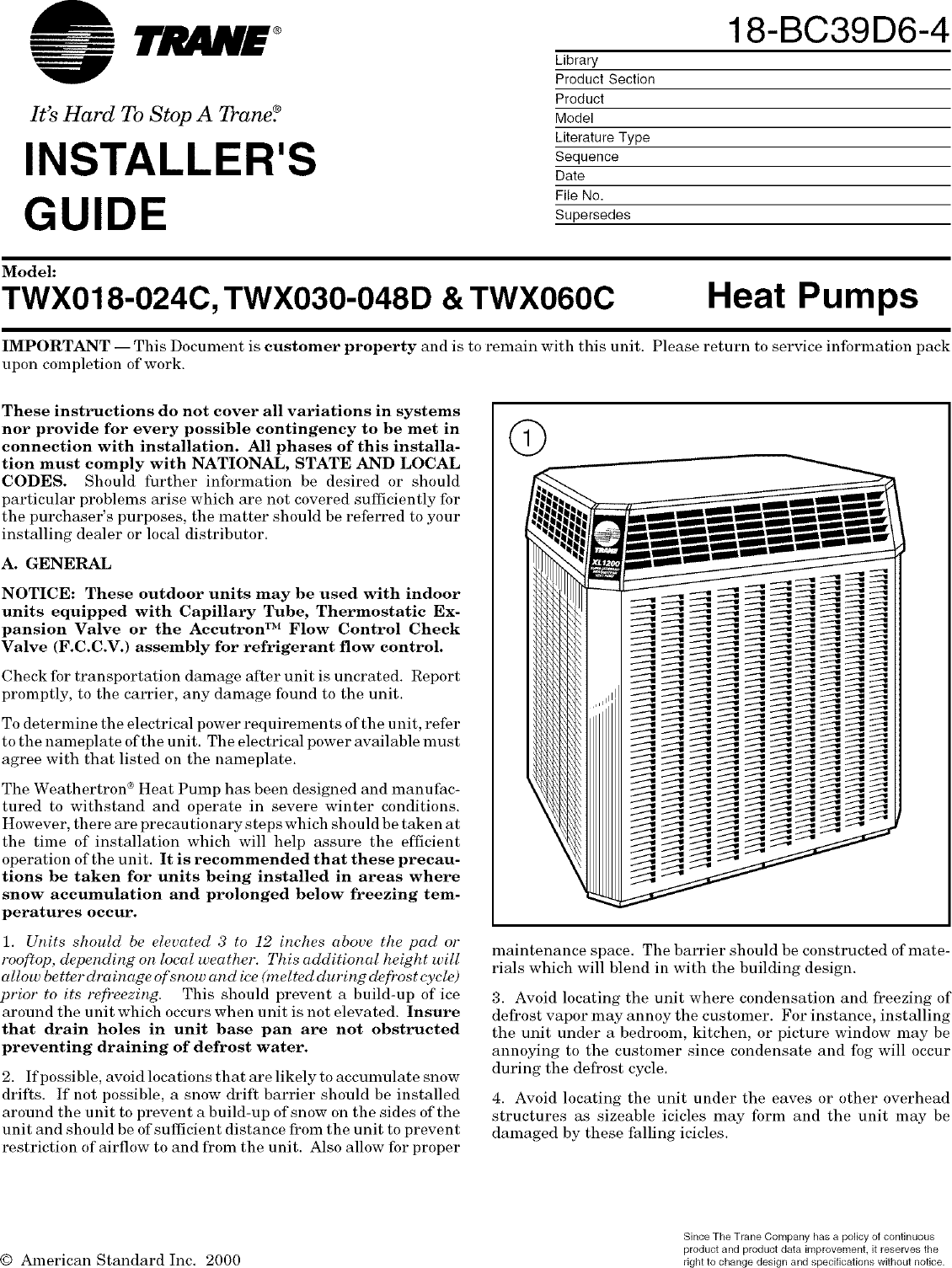 Page 1 of 8 - TRANE  Air Conditioner/heat Pump(outside Unit) Manual L0802054