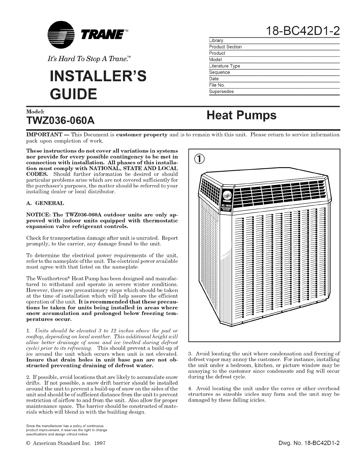 Trane Air Conditioner Heat Pump Outside Unit Manual L0810502