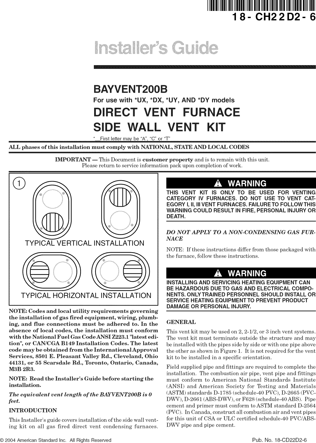 Page 1 of 2 - TRANE  Furnace/Heater, Gas Manual L0903218