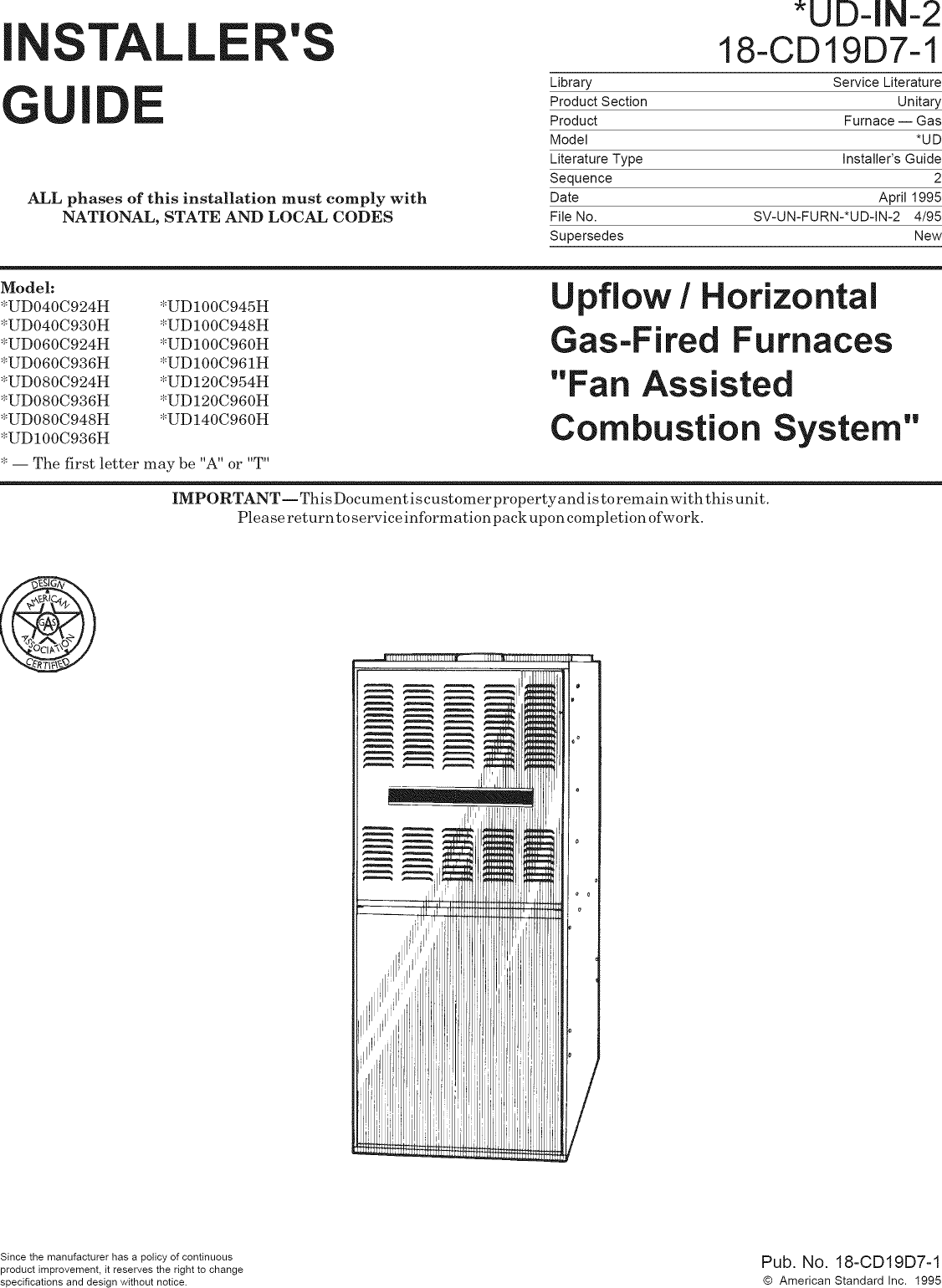 TRANE Furnace/Heater, Gas Manual L0903221