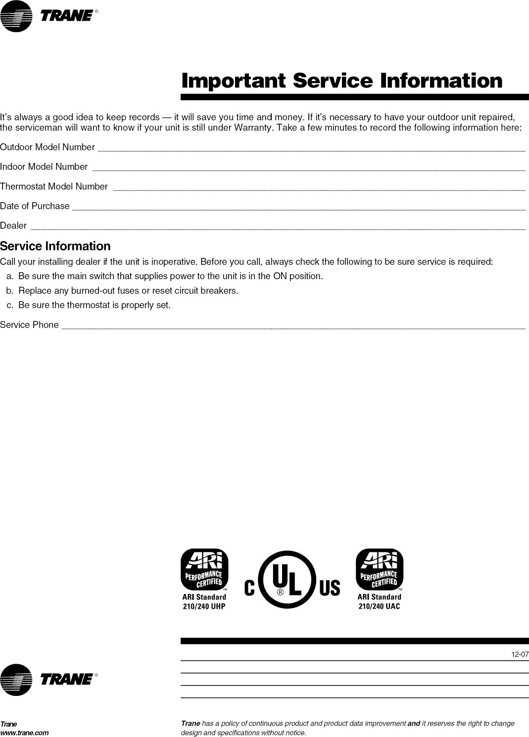 Page 8 of 8 - TRANE  Air Conditioner/heat Pump(outside Unit) Manual L0903505