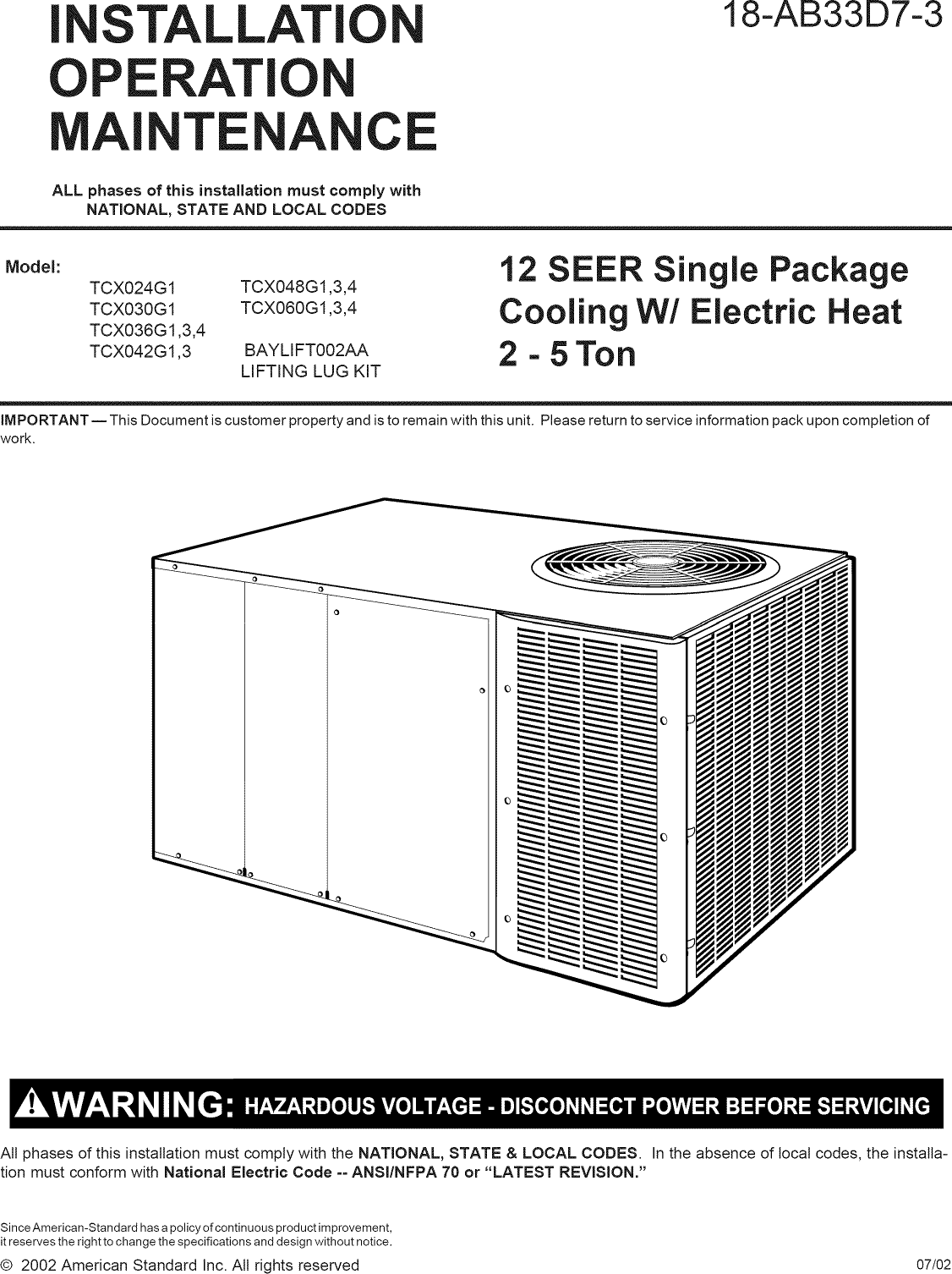 TRANE Package Units(both Units Combined) Manual L0904650