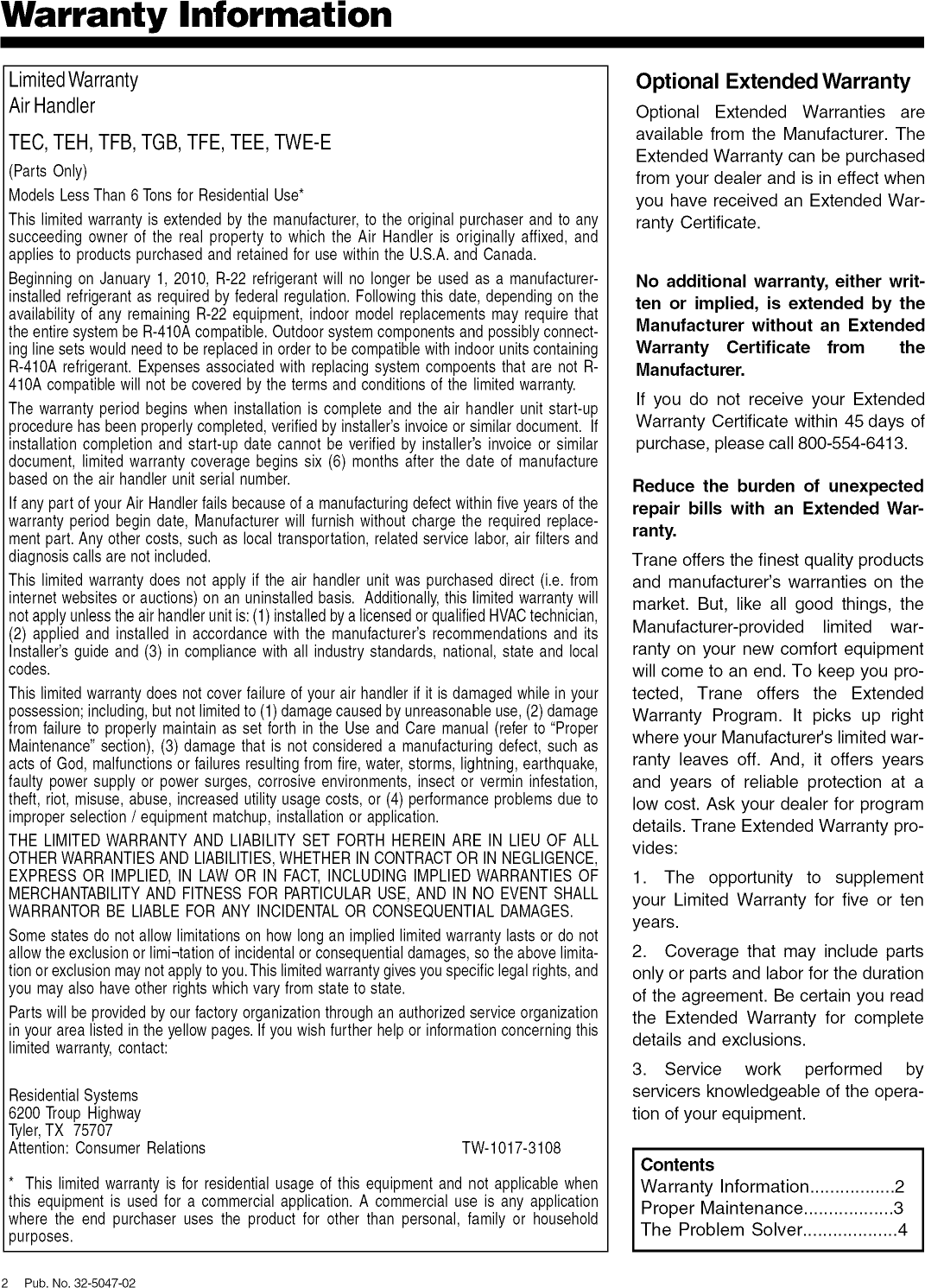 Page 2 of 4 - TRANE  Air Handler (indoor Blower&evap) Manual L0904656