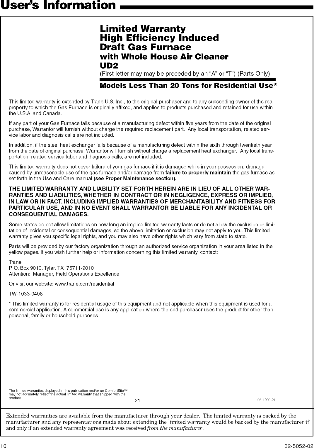 Page 10 of 10 - TRANE  Furnace/Heater, Gas Manual L0905290