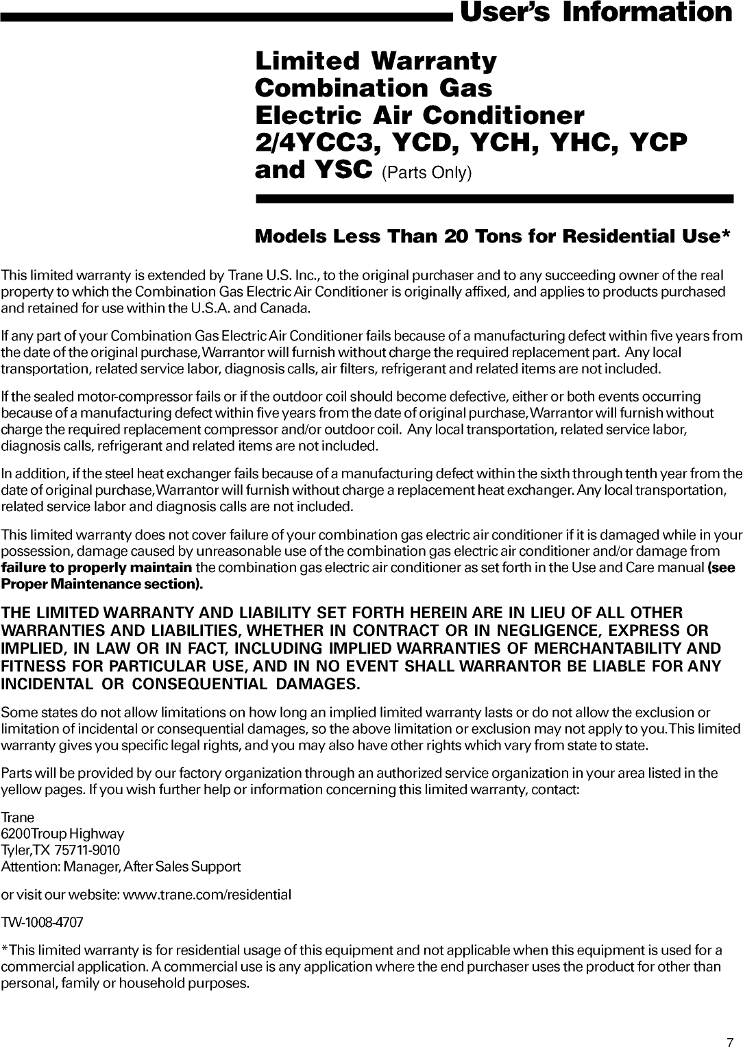 Page 7 of 8 - TRANE  Package Units(both Units Combined) Manual L0905304