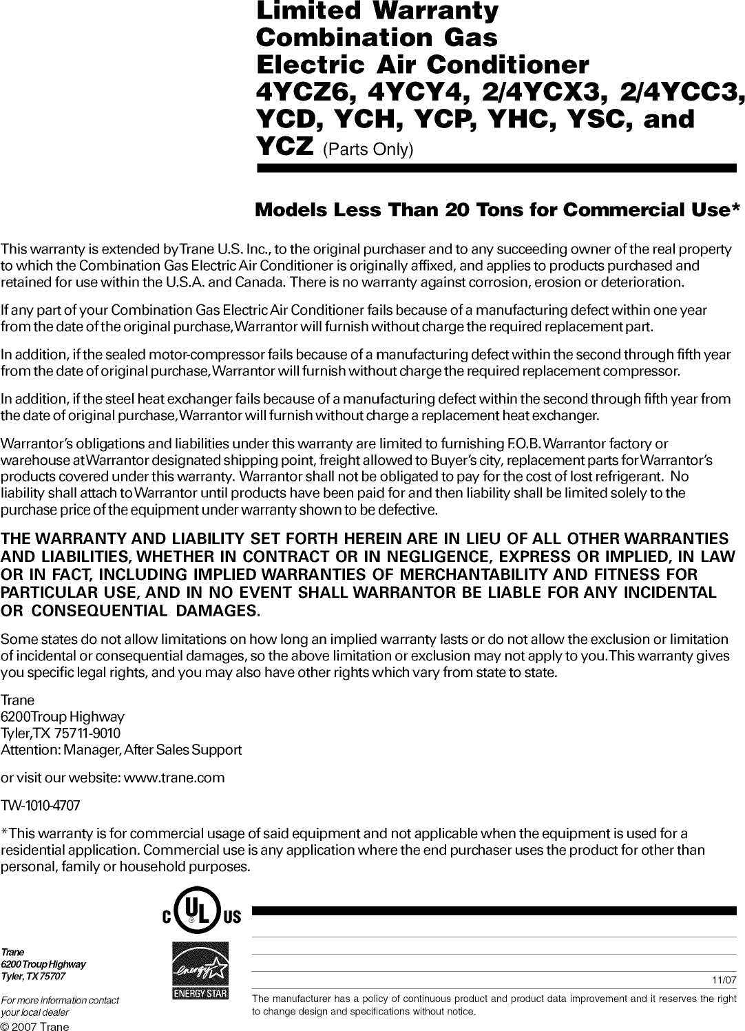 Page 8 of 8 - TRANE  Package Units(both Units Combined) Manual L0905304