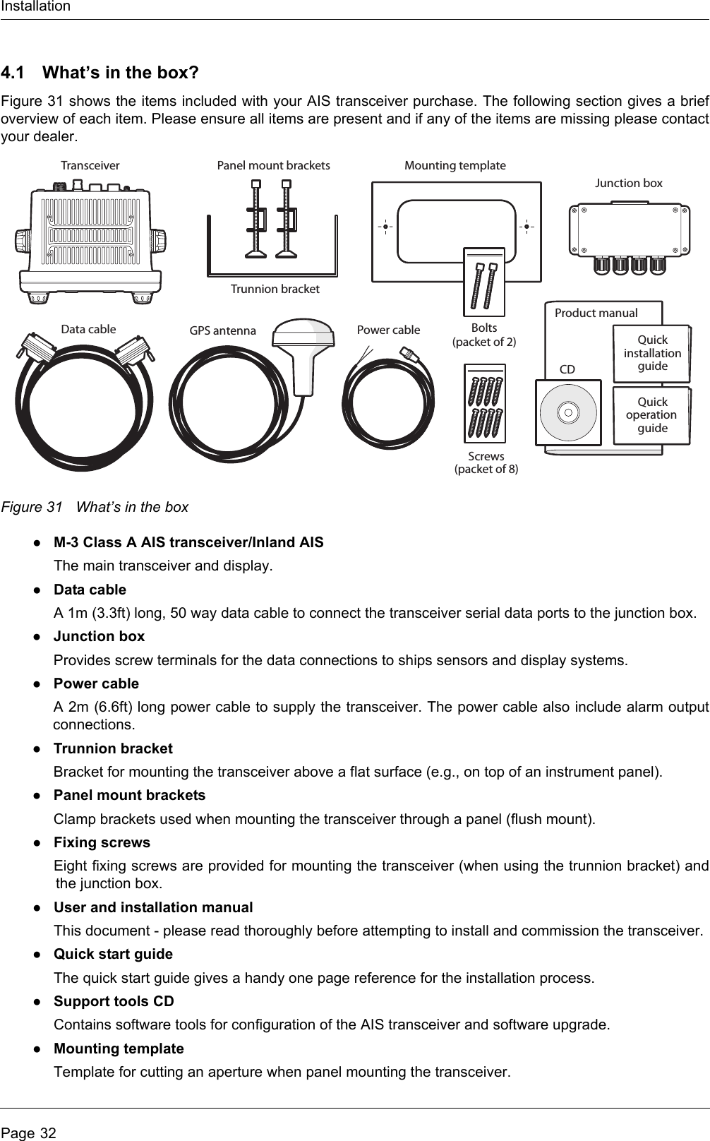 InstallationPage 324.1 What’s in the box?Figure 31 shows the items included with your AIS transceiver purchase. The following section gives a briefoverview of each item. Please ensure all items are present and if any of the items are missing please contactyour dealer.Figure 31 What’s in the box●M-3 Class A AIS transceiver/Inland AISThe main transceiver and display.●Data cableA 1m (3.3ft) long, 50 way data cable to connect the transceiver serial data ports to the junction box.●Junction boxProvides screw terminals for the data connections to ships sensors and display systems.●Power cableA 2m (6.6ft) long power cable to supply the transceiver. The power cable also include alarm outputconnections.●Trunnion bracketBracket for mounting the transceiver above a flat surface (e.g., on top of an instrument panel).●Panel mount bracketsClamp brackets used when mounting the transceiver through a panel (flush mount).●Fixing screwsEight fixing screws are provided for mounting the transceiver (when using the trunnion bracket) andthe junction box. ●User and installation manualThis document - please read thoroughly before attempting to install and commission the transceiver.●Quick start guideThe quick start guide gives a handy one page reference for the installation process.●Support tools CDContains software tools for configuration of the AIS transceiver and software upgrade.●Mounting templateTemplate for cutting an aperture when panel mounting the transceiver. Product manualMounting templateData cable Power cableCDTransceiverTrunnion bracketPanel mount bracketsJunction boxQuickinstallationguideScrews(packet of 8)Bolts(packet of 2)GPS antennaQuickoperation guide