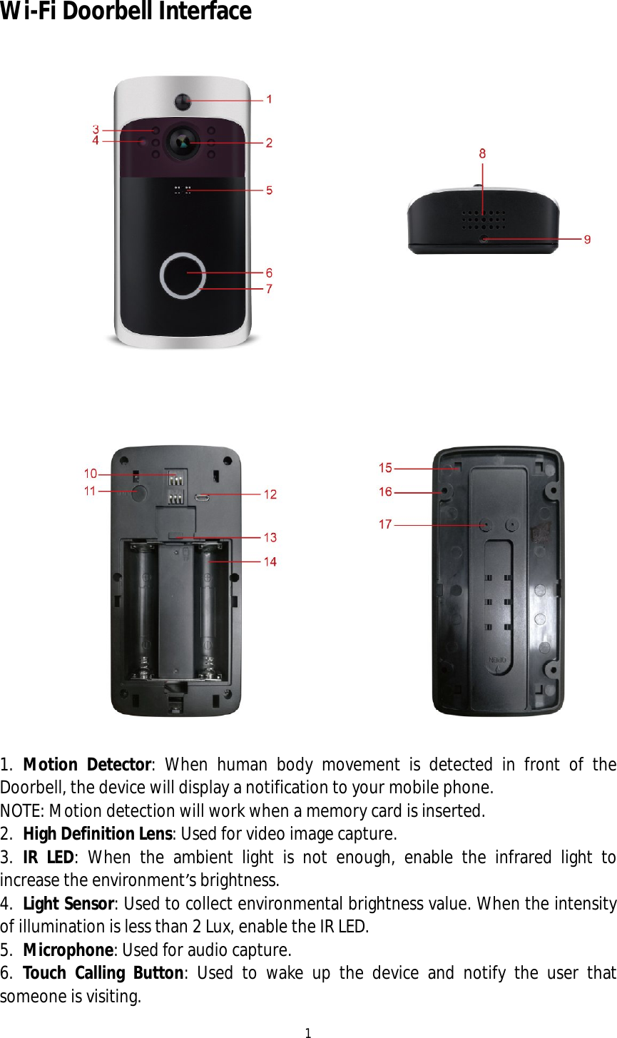 1  Wi-Fi Doorbell Interface  1. Motion Detector: When human body movement is detected in front of the Doorbell, the device will display a notification to your mobile phone. NOTE: Motion detection will work when a memory card is inserted. 2. High Definition Lens: Used for video image capture. 3. IR LED: When the ambient light is not enough, enable the infrared light to increase the environment&rsquo;s brightness. 4. Light Sensor: Used to collect environmental brightness value. When the intensity of illumination is less than 2 Lux, enable the IR LED. 5. Microphone: Used for audio capture. 6. Touch Calling Button: Used to wake up the device and notify the user that someone is visiting.  