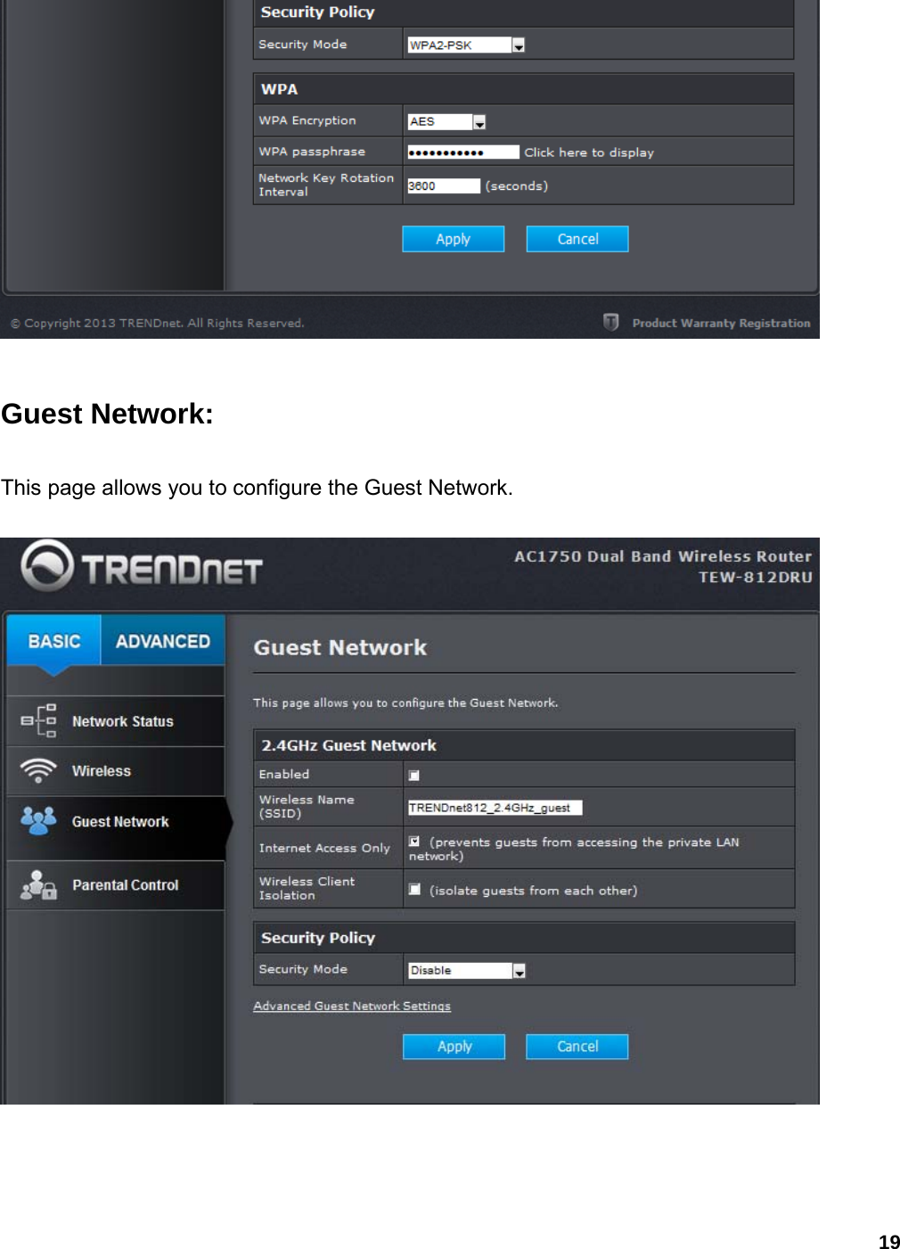 19   Guest Network: This page allows you to configure the Guest Network.     