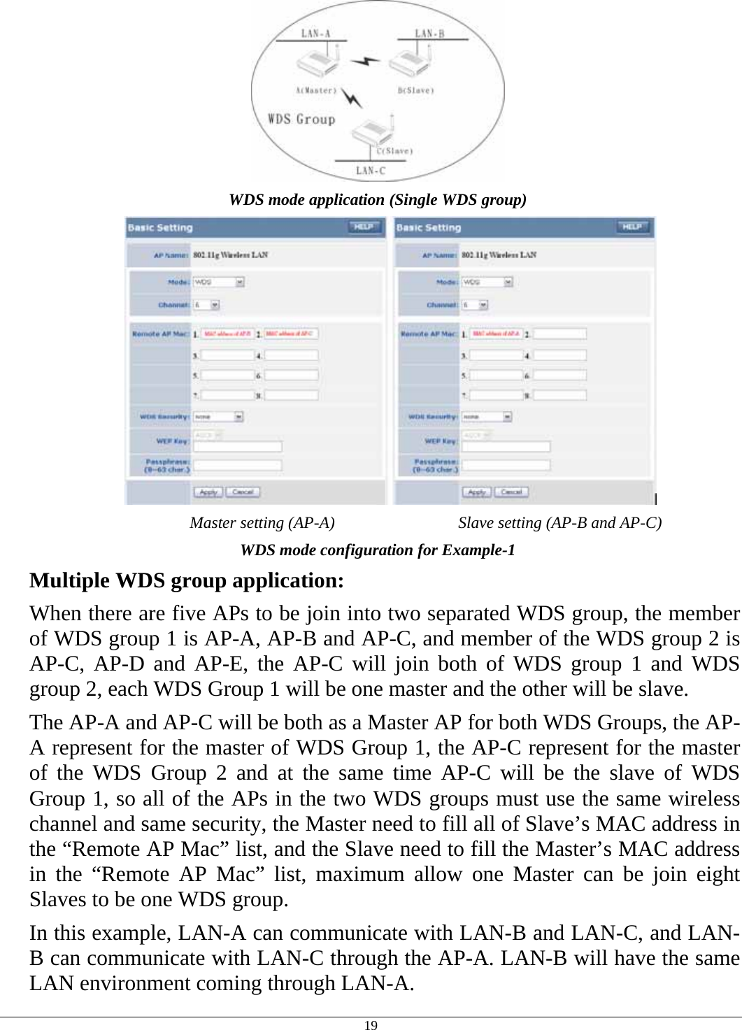  19  WDS mode application (Single WDS group)      Master setting (AP-A)                              Slave setting (AP-B and AP-C) WDS mode configuration for Example-1 Multiple WDS group application: When there are five APs to be join into two separated WDS group, the member of WDS group 1 is AP-A, AP-B and AP-C, and member of the WDS group 2 is AP-C, AP-D and AP-E, the AP-C will join both of WDS group 1 and WDS group 2, each WDS Group 1 will be one master and the other will be slave. The AP-A and AP-C will be both as a Master AP for both WDS Groups, the AP-A represent for the master of WDS Group 1, the AP-C represent for the master of the WDS Group 2 and at the same time AP-C will be the slave of WDS Group 1, so all of the APs in the two WDS groups must use the same wireless channel and same security, the Master need to fill all of Slave’s MAC address in the “Remote AP Mac” list, and the Slave need to fill the Master’s MAC address in the “Remote AP Mac” list, maximum allow one Master can be join eight Slaves to be one WDS group. In this example, LAN-A can communicate with LAN-B and LAN-C, and LAN-B can communicate with LAN-C through the AP-A. LAN-B will have the same LAN environment coming through LAN-A. 