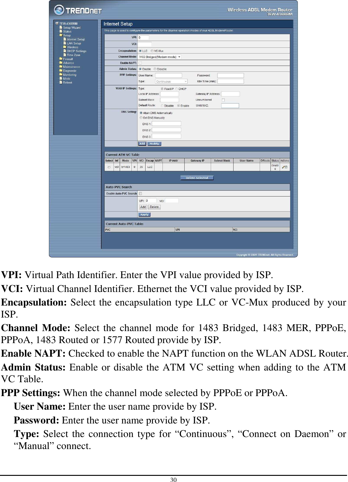 30   VPI: Virtual Path Identifier. Enter the VPI value provided by ISP. VCI: Virtual Channel Identifier. Ethernet the VCI value provided by ISP. Encapsulation: Select the encapsulation type LLC or VC-Mux produced by your ISP. Channel  Mode: Select the channel mode for 1483 Bridged, 1483 MER, PPPoE, PPPoA, 1483 Routed or 1577 Routed provide by ISP. Enable NAPT: Checked to enable the NAPT function on the WLAN ADSL Router. Admin Status: Enable or disable the ATM VC setting when adding to the ATM VC Table. PPP Settings: When the channel mode selected by PPPoE or PPPoA. User Name: Enter the user name provide by ISP. Password: Enter the user name provide by ISP. Type: Select the connection type for “Continuous”, “Connect on Daemon” or “Manual” connect. 