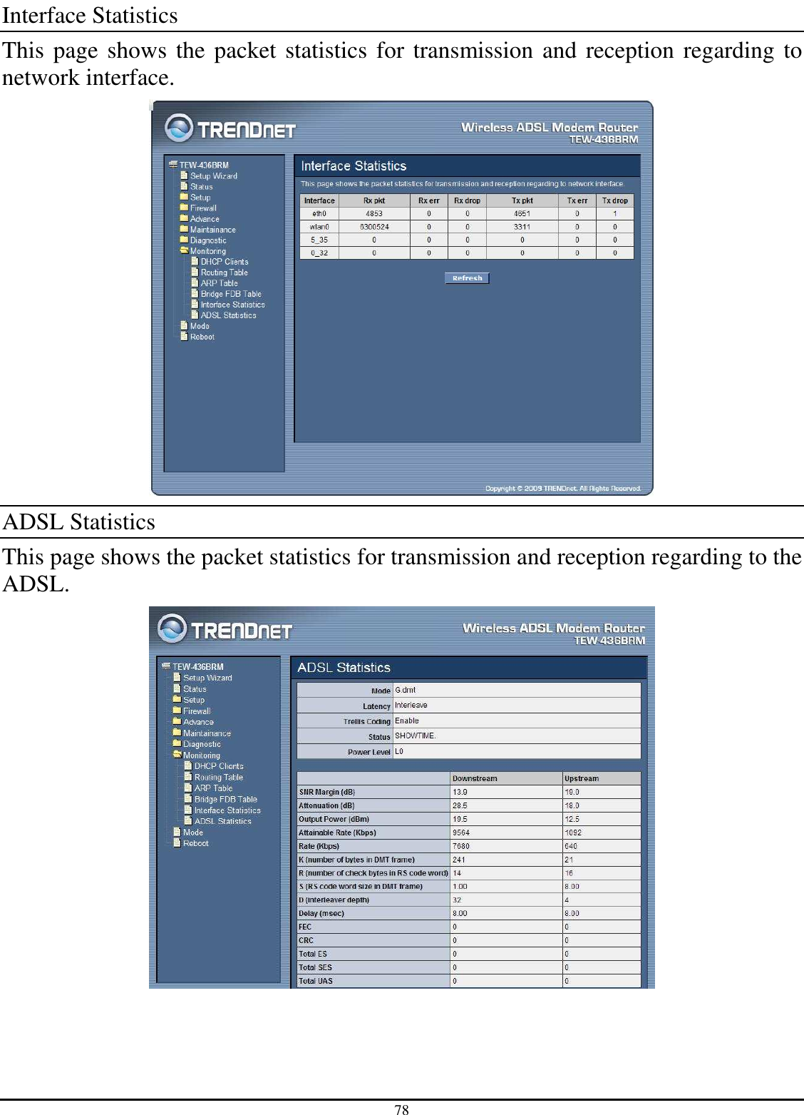 78 Interface Statistics This page shows the packet statistics for transmission and reception regarding to network interface.  ADSL Statistics This page shows the packet statistics for transmission and reception regarding to the ADSL.  