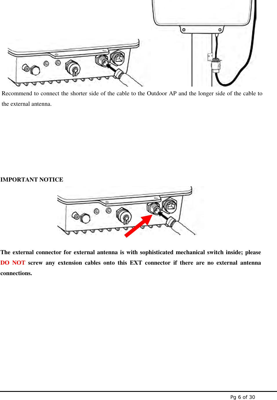 Pg 6 of 30IMPORTANT NOTICEThe external connector for external antenna is with sophisticated mechanical switch inside; pleaseDO NOT screw any extension cables onto this EXT connector if there are no external antennaconnections.Recommend to connect the shorter side of the cable to the Outdoor AP and the longer side of the cable tothe external antenna.