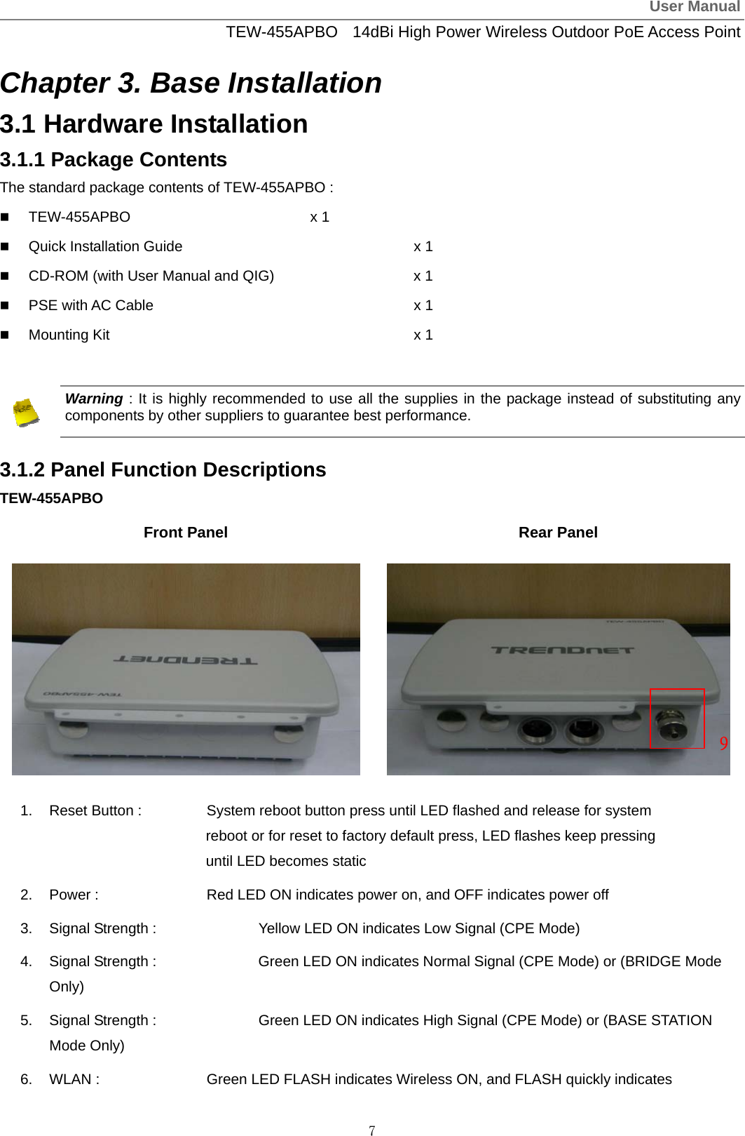 User ManualTEW-455APBO  14dBi High Power Wireless Outdoor PoE Access Point 7 Chapter 3. Base Installation 3.1 Hardware Installation 3.1.1 Package Contents The standard package contents of TEW-455APBO :  TEW-455APBO    x 1  Quick Installation Guide     x 1  CD-ROM (with User Manual and QIG)      x 1  PSE with AC Cable      x 1  Mounting Kit      x 1   Warning : It is highly recommended to use all the supplies in the package instead of substituting any components by other suppliers to guarantee best performance.  3.1.2 Panel Function Descriptions TEW-455APBO Front Panel  Rear Panel  1.  Reset Button :    System reboot button press until LED flashed and release for system                        reboot or for reset to factory default press, LED flashes keep pressing                 until LED becomes static 2.  Power :     Red LED ON indicates power on, and OFF indicates power off 3.  Signal Strength :    Yellow LED ON indicates Low Signal (CPE Mode) 4.  Signal Strength :    Green LED ON indicates Normal Signal (CPE Mode) or (BRIDGE Mode Only) 5.  Signal Strength :    Green LED ON indicates High Signal (CPE Mode) or (BASE STATION Mode Only) 6.  WLAN :     Green LED FLASH indicates Wireless ON, and FLASH quickly indicates   9