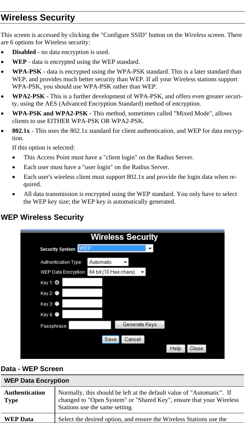  Wireless Security This screen is accessed by clicking the &quot;Configure SSID&quot; button on the Wireless screen. There are 6 options for Wireless security:  • Disabled - no data encryption is used. • WEP - data is encrypted using the WEP standard. • WPA-PSK - data is encrypted using the WPA-PSK standard. This is a later standard than WEP, and provides much better security than WEP. If all your Wireless stations support WPA-PSK, you should use WPA-PSK rather than WEP. • WPA2-PSK - This is a further development of WPA-PSK, and offers even greater securi-ty, using the AES (Advanced Encryption Standard) method of encryption. • WPA-PSK and WPA2-PSK - This method, sometimes called &quot;Mixed Mode&quot;, allows clients to use EITHER WPA-PSK OR WPA2-PSK. • 802.1x - This uses the 802.1x standard for client authentication, and WEP for data encryp-tion.  If this option is selected:  • This Access Point must have a &quot;client login&quot; on the Radius Server.  • Each user must have a &quot;user login&quot; on the Radius Server.  • Each user&apos;s wireless client must support 802.1x and provide the login data when re-quired.  • All data transmission is encrypted using the WEP standard. You only have to select the WEP key size; the WEP key is automatically generated. WEP Wireless Security  Data - WEP Screen   WEP Data Encryption Authentication Type  Normally, this should be left at the default value of &quot;Automatic&quot;.  If changed to &quot;Open System&quot; or &quot;Shared Key&quot;, ensure that your Wireless Stations use the same setting. WEP Data  Select the desired option, and ensure the Wireless Stations use the 