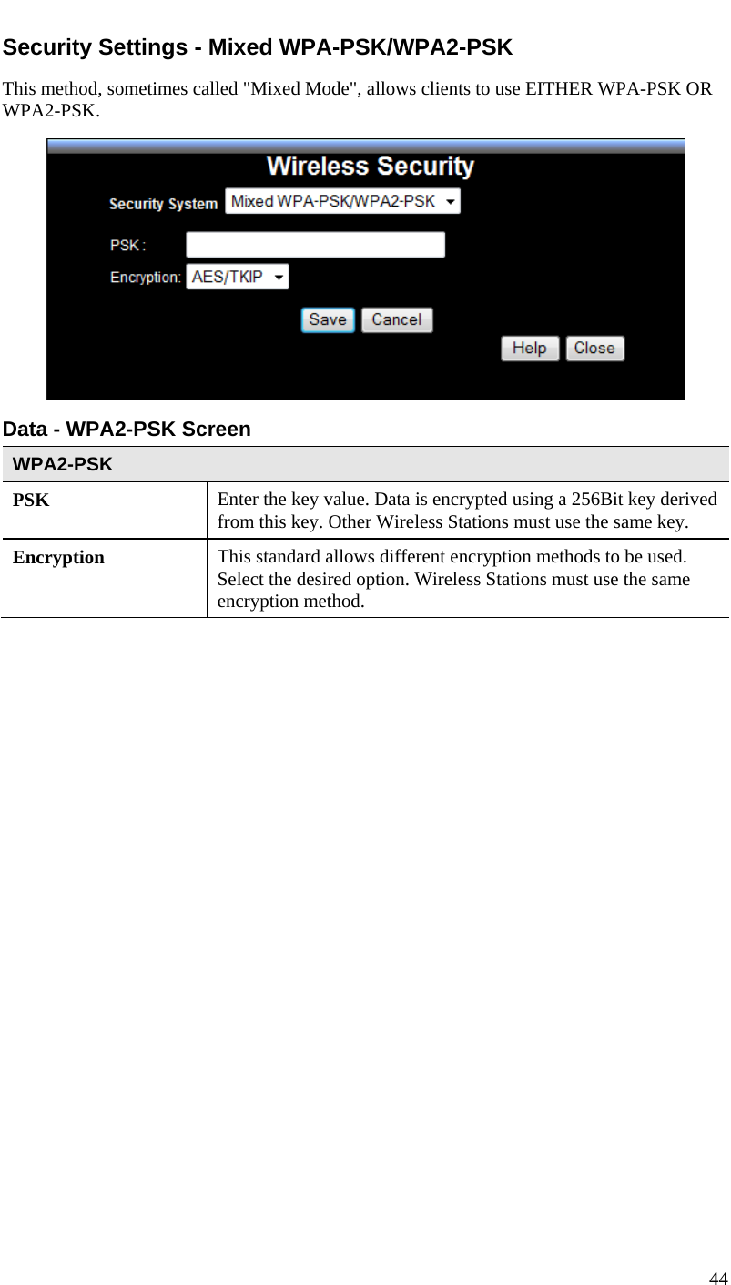  Security Settings - Mixed WPA-PSK/WPA2-PSK This method, sometimes called &quot;Mixed Mode&quot;, allows clients to use EITHER WPA-PSK OR WPA2-PSK.  Data - WPA2-PSK Screen  WPA2-PSK PSK  Enter the key value. Data is encrypted using a 256Bit key derived from this key. Other Wireless Stations must use the same key. Encryption  This standard allows different encryption methods to be used. Select the desired option. Wireless Stations must use the same encryption method.   44  