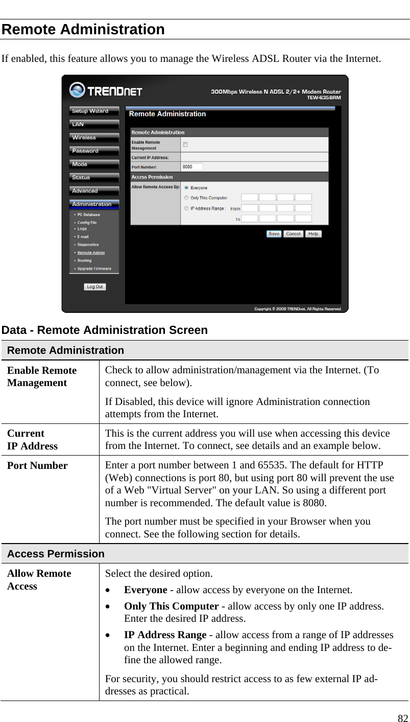  Remote Administration If enabled, this feature allows you to manage the Wireless ADSL Router via the Internet.      Data - Remote Administration Screen Remote Administration Enable Remote Management Check to allow administration/management via the Internet. (To connect, see below).  If Disabled, this device will ignore Administration connection attempts from the Internet. Current  IP Address This is the current address you will use when accessing this device from the Internet. To connect, see details and an example below. Port Number Enter a port number between 1 and 65535. The default for HTTP (Web) connections is port 80, but using port 80 will prevent the use of a Web &quot;Virtual Server&quot; on your LAN. So using a different port number is recommended. The default value is 8080.  The port number must be specified in your Browser when you connect. See the following section for details. Access Permission Allow Remote Access Select the desired option.  • Everyone - allow access by everyone on the Internet.  • Only This Computer - allow access by only one IP address. Enter the desired IP address.  • IP Address Range - allow access from a range of IP addresses on the Internet. Enter a beginning and ending IP address to de-fine the allowed range.  For security, you should restrict access to as few external IP ad-dresses as practical. 82  
