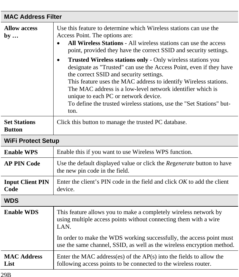  MAC Address Filter Allow access by …  Use this feature to determine which Wireless stations can use the Access Point. The options are: • All Wireless Stations - All wireless stations can use the access point, provided they have the correct SSID and security settings. • Trusted Wireless stations only - Only wireless stations you designate as &quot;Trusted&quot; can use the Access Point, even if they have the correct SSID and security settings.  This feature uses the MAC address to identify Wireless stations. The MAC address is a low-level network identifier which is unique to each PC or network device. To define the trusted wireless stations, use the &quot;Set Stations&quot; but-ton. Set Stations  Button  Click this button to manage the trusted PC database. WiFi Protect Setup Enable WPS  Enable this if you want to use Wireless WPS function. AP PIN Code  Use the default displayed value or click the Regenerate button to have the new pin code in the field. Input Client PIN Code  Enter the client’s PIN code in the field and click OK to add the client device. WDS  Enable WDS  This feature allows you to make a completely wireless network by using multiple access points without connecting them with a wire LAN.  In order to make the WDS working successfully, the access point must use the same channel, SSID, as well as the wireless encryption method. MAC Address List  Enter the MAC address(es) of the AP(s) into the fields to allow the following access points to be connected to the wireless router. 29B 