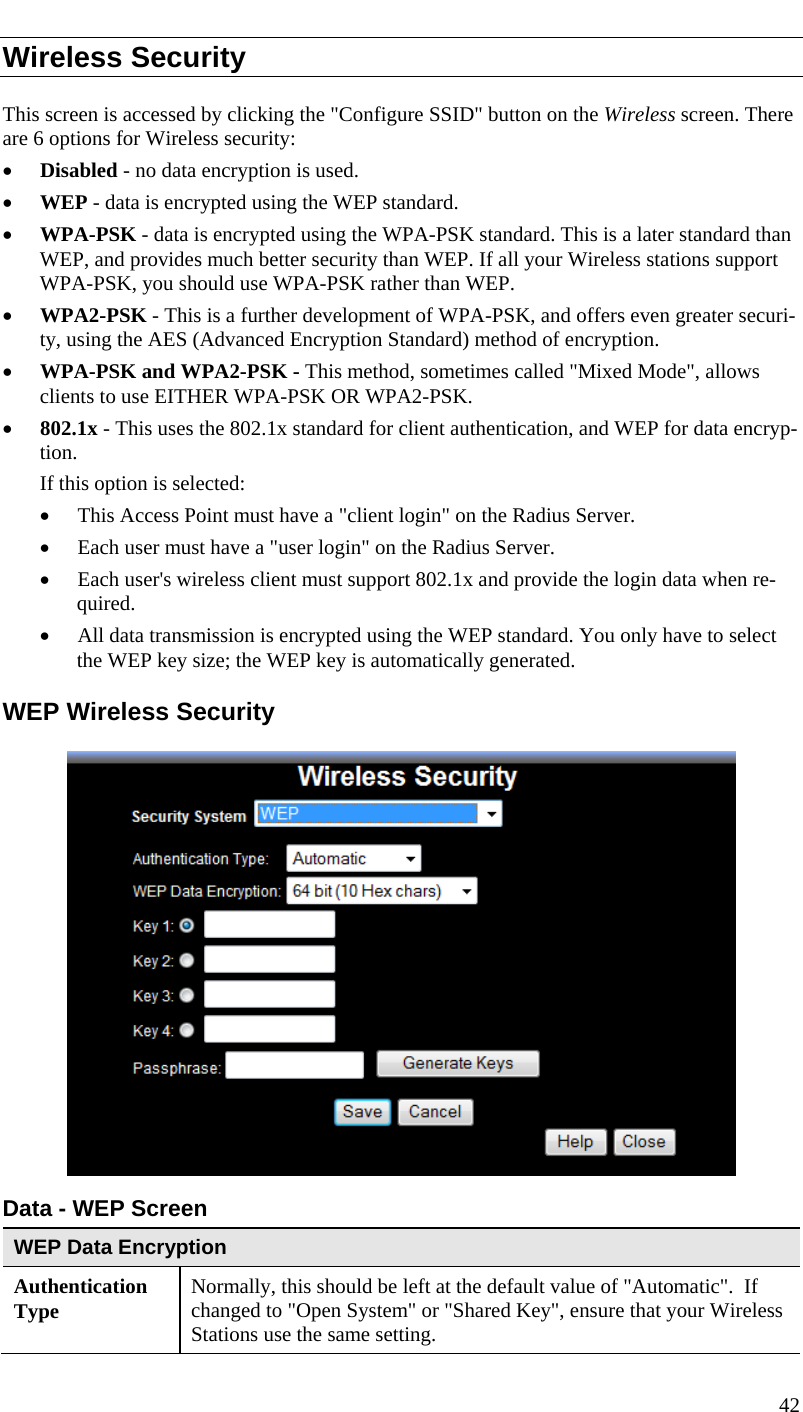  Wireless Security This screen is accessed by clicking the &quot;Configure SSID&quot; button on the Wireless screen. There are 6 options for Wireless security:  • Disabled - no data encryption is used. • WEP - data is encrypted using the WEP standard. • WPA-PSK - data is encrypted using the WPA-PSK standard. This is a later standard than WEP, and provides much better security than WEP. If all your Wireless stations support WPA-PSK, you should use WPA-PSK rather than WEP. • WPA2-PSK - This is a further development of WPA-PSK, and offers even greater securi-ty, using the AES (Advanced Encryption Standard) method of encryption. • WPA-PSK and WPA2-PSK - This method, sometimes called &quot;Mixed Mode&quot;, allows clients to use EITHER WPA-PSK OR WPA2-PSK. • 802.1x - This uses the 802.1x standard for client authentication, and WEP for data encryp-tion.  If this option is selected:  • This Access Point must have a &quot;client login&quot; on the Radius Server.  • Each user must have a &quot;user login&quot; on the Radius Server.  • Each user&apos;s wireless client must support 802.1x and provide the login data when re-quired.  • All data transmission is encrypted using the WEP standard. You only have to select the WEP key size; the WEP key is automatically generated. WEP Wireless Security  Data - WEP Screen   WEP Data Encryption Authentication Type  Normally, this should be left at the default value of &quot;Automatic&quot;.  If changed to &quot;Open System&quot; or &quot;Shared Key&quot;, ensure that your Wireless Stations use the same setting. 42  