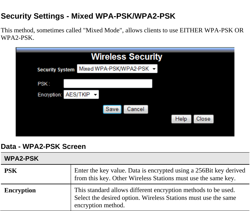  Security Settings - Mixed WPA-PSK/WPA2-PSK This method, sometimes called &quot;Mixed Mode&quot;, allows clients to use EITHER WPA-PSK OR WPA2-PSK.  Data - WPA2-PSK Screen  WPA2-PSK PSK  Enter the key value. Data is encrypted using a 256Bit key derived from this key. Other Wireless Stations must use the same key. Encryption  This standard allows different encryption methods to be used. Select the desired option. Wireless Stations must use the same encryption method.   