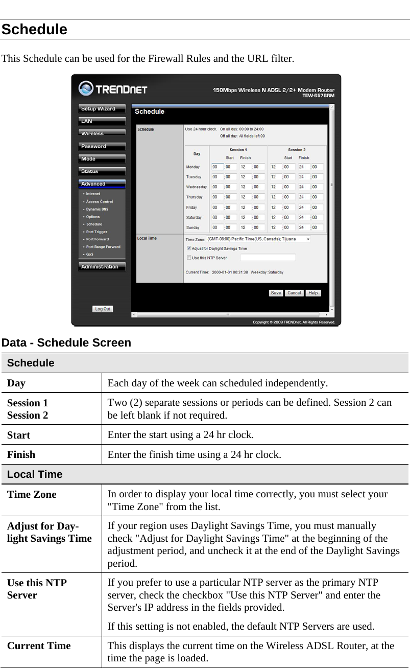  Schedule This Schedule can be used for the Firewall Rules and the URL filter.   Data - Schedule Screen Schedule Day  Each day of the week can scheduled independently. Session 1 Session 2  Two (2) separate sessions or periods can be defined. Session 2 can be left blank if not required. Start  Enter the start using a 24 hr clock. Finish  Enter the finish time using a 24 hr clock. Local Time Time Zone In order to display your local time correctly, you must select your &quot;Time Zone&quot; from the list. Adjust for Day-light Savings Time  If your region uses Daylight Savings Time, you must manually check &quot;Adjust for Daylight Savings Time&quot; at the beginning of the adjustment period, and uncheck it at the end of the Daylight Savings period. Use this NTP Server  If you prefer to use a particular NTP server as the primary NTP server, check the checkbox &quot;Use this NTP Server&quot; and enter the Server&apos;s IP address in the fields provided.  If this setting is not enabled, the default NTP Servers are used. Current Time  This displays the current time on the Wireless ADSL Router, at the time the page is loaded.   