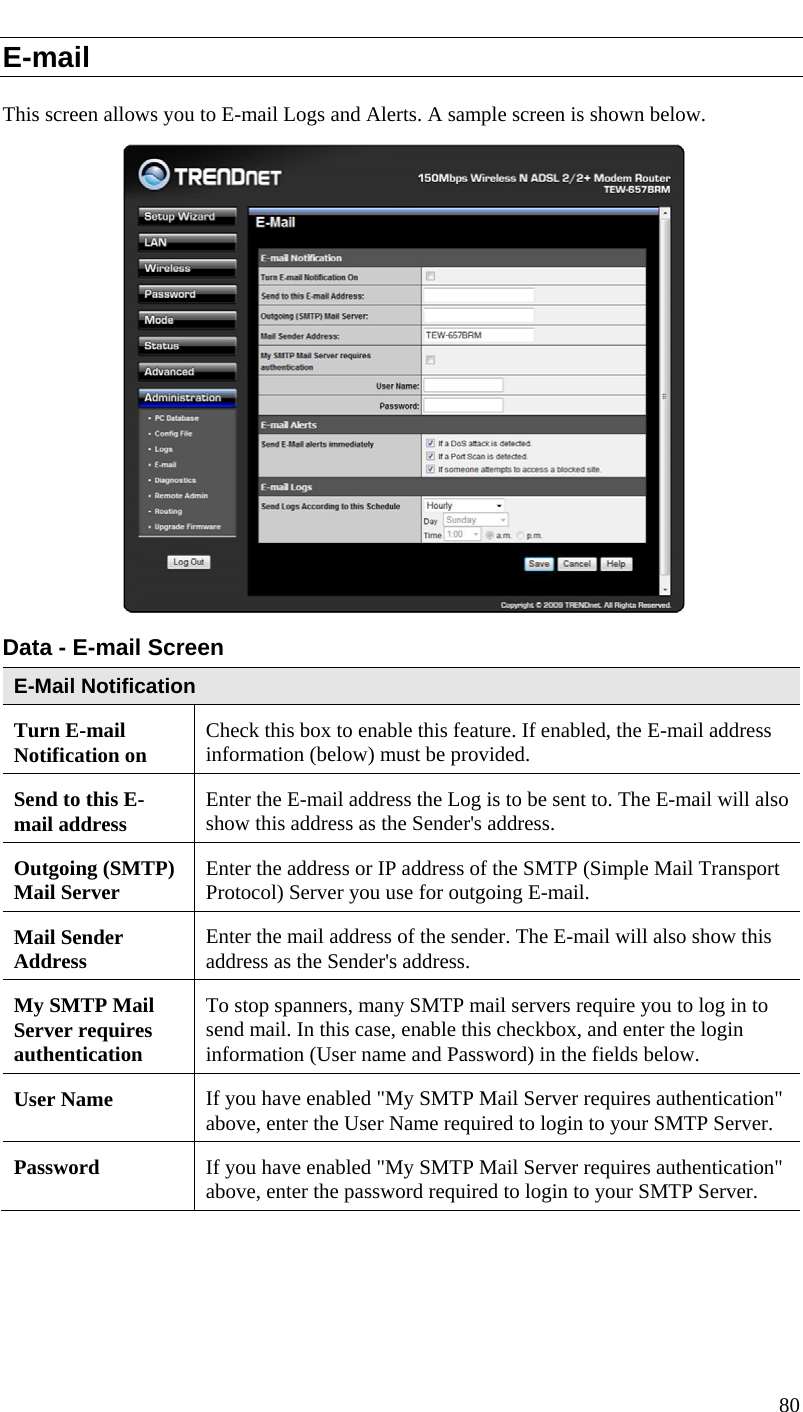  E-mail This screen allows you to E-mail Logs and Alerts. A sample screen is shown below.  Data - E-mail Screen E-Mail Notification Turn E-mail Notification on  Check this box to enable this feature. If enabled, the E-mail address information (below) must be provided. Send to this E-mail address  Enter the E-mail address the Log is to be sent to. The E-mail will also show this address as the Sender&apos;s address. Outgoing (SMTP) Mail Server  Enter the address or IP address of the SMTP (Simple Mail Transport Protocol) Server you use for outgoing E-mail. Mail Sender Address  Enter the mail address of the sender. The E-mail will also show this address as the Sender&apos;s address. My SMTP Mail Server requires authentication To stop spanners, many SMTP mail servers require you to log in to send mail. In this case, enable this checkbox, and enter the login information (User name and Password) in the fields below. User Name  If you have enabled &quot;My SMTP Mail Server requires authentication&quot; above, enter the User Name required to login to your SMTP Server. Password  If you have enabled &quot;My SMTP Mail Server requires authentication&quot; above, enter the password required to login to your SMTP Server. 80  
