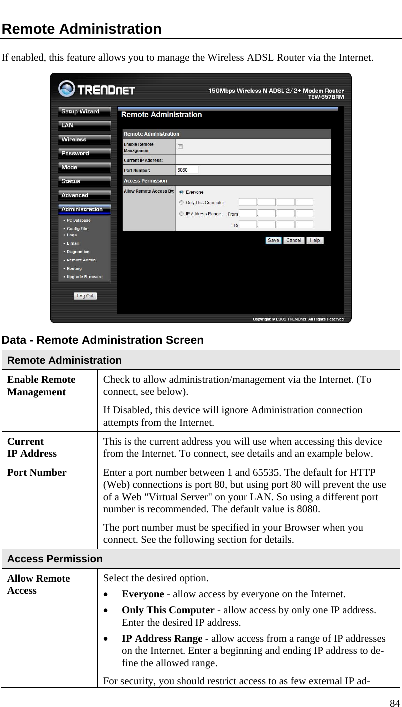  Remote Administration If enabled, this feature allows you to manage the Wireless ADSL Router via the Internet.      Data - Remote Administration Screen Remote Administration Enable Remote Management Check to allow administration/management via the Internet. (To connect, see below).  If Disabled, this device will ignore Administration connection attempts from the Internet. Current  IP Address This is the current address you will use when accessing this device from the Internet. To connect, see details and an example below. Port Number Enter a port number between 1 and 65535. The default for HTTP (Web) connections is port 80, but using port 80 will prevent the use of a Web &quot;Virtual Server&quot; on your LAN. So using a different port number is recommended. The default value is 8080.  The port number must be specified in your Browser when you connect. See the following section for details. Access Permission Allow Remote Access Select the desired option.  • Everyone - allow access by everyone on the Internet.  • Only This Computer - allow access by only one IP address. Enter the desired IP address.  • IP Address Range - allow access from a range of IP addresses on the Internet. Enter a beginning and ending IP address to de-fine the allowed range.  For security, you should restrict access to as few external IP ad-84  