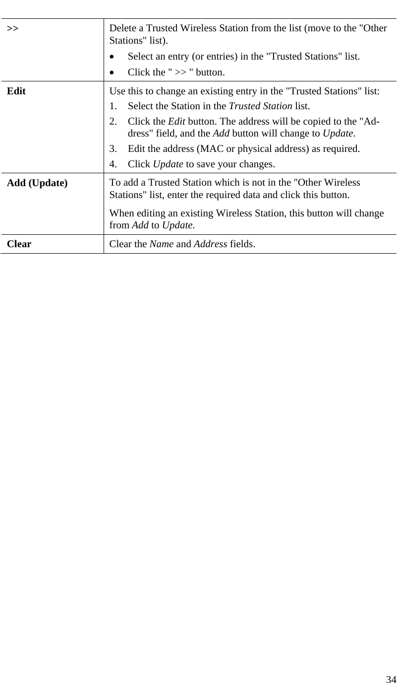  34   &gt;&gt;  Delete a Trusted Wireless Station from the list (move to the &quot;Other Stations&quot; list). • Select an entry (or entries) in the &quot;Trusted Stations&quot; list.  • Click the &quot; &gt;&gt; &quot; button. Edit  Use this to change an existing entry in the &quot;Trusted Stations&quot; list: 1. Select the Station in the Trusted Station list.  2. Click the Edit button. The address will be copied to the &quot;Ad-dress&quot; field, and the Add button will change to Update.  3. Edit the address (MAC or physical address) as required.  4. Click Update to save your changes. Add (Update)  To add a Trusted Station which is not in the &quot;Other Wireless Stations&quot; list, enter the required data and click this button. When editing an existing Wireless Station, this button will change from Add to Update. Clear  Clear the Name and Address fields.    