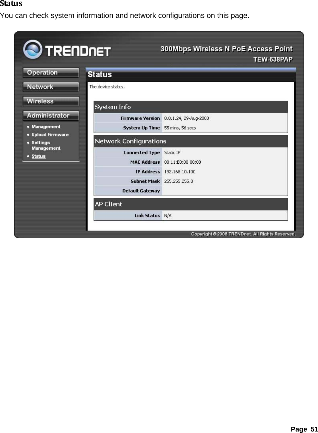 StatusYou can check system information and network configurations on this page.      Page 51 