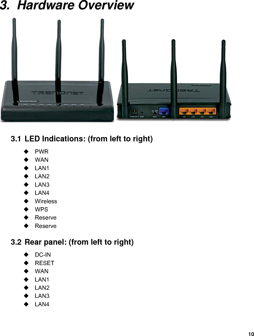 10  3. Hardware Overview   3.1 LED Indications: (from left to right)  PWR  WAN  LAN1  LAN2  LAN3  LAN4  Wireless  WPS  Reserve  Reserve 3.2 Rear panel: (from left to right)  DC-IN  RESET  WAN  LAN1  LAN2  LAN3  LAN4  