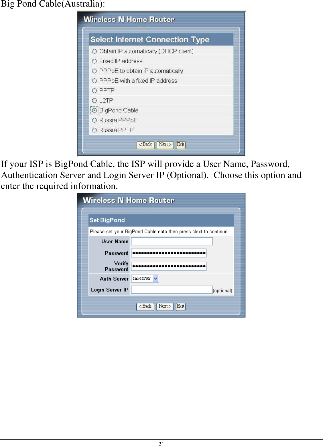 21 Big Pond Cable(Australia):  If your ISP is BigPond Cable, the ISP will provide a User Name, Password, Authentication Server and Login Server IP (Optional).  Choose this option and enter the required information.   