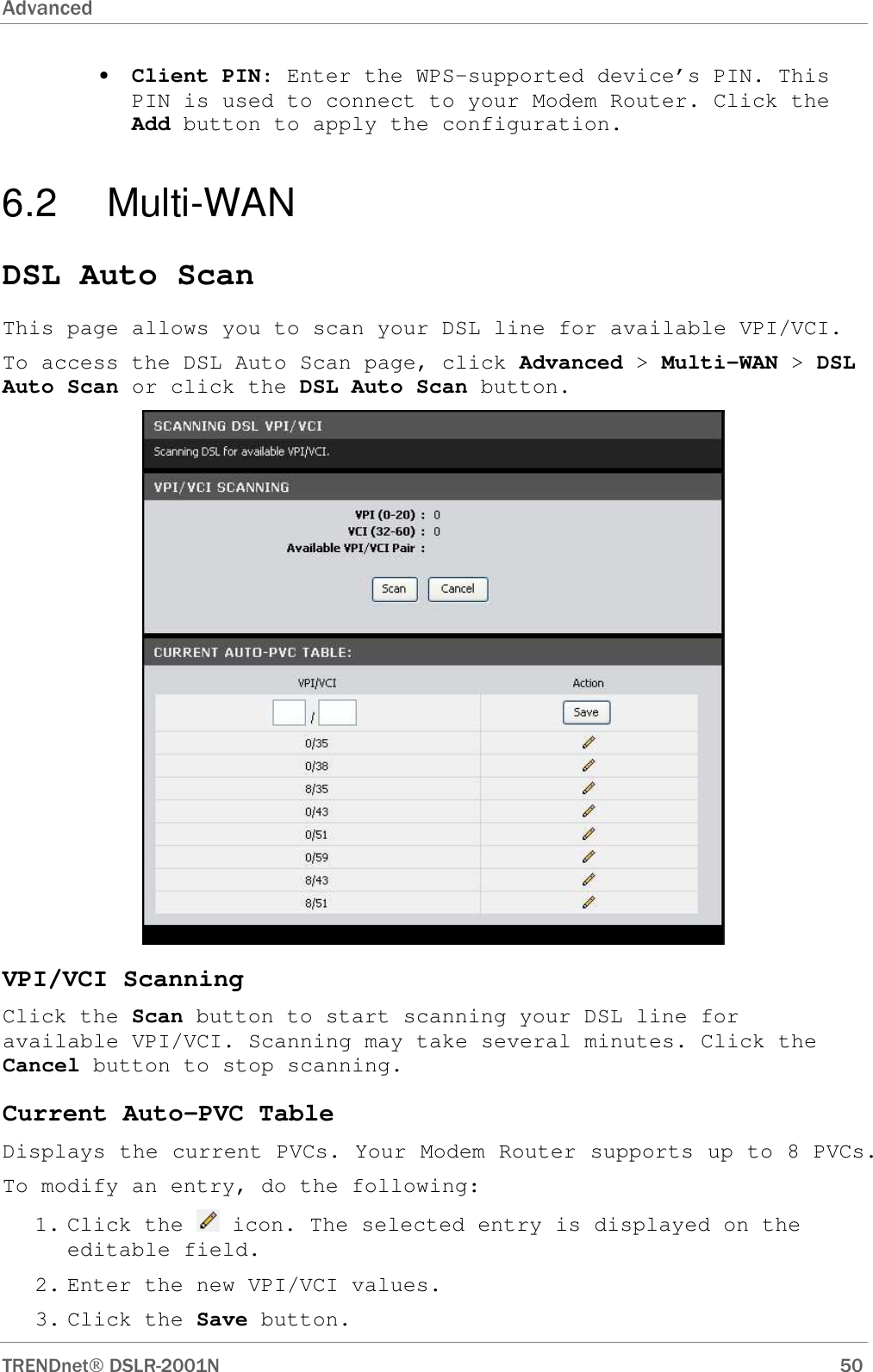 Advanced      TRENDnet DSLR-2001N        50 • Client PIN: Enter the WPS-supported device’s PIN. This PIN is used to connect to your Modem Router. Click the Add button to apply the configuration. 6.2   Multi-WAN DSL Auto Scan This page allows you to scan your DSL line for available VPI/VCI. To access the DSL Auto Scan page, click Advanced &gt; Multi-WAN &gt; DSL Auto Scan or click the DSL Auto Scan button.  VPI/VCI Scanning Click the Scan button to start scanning your DSL line for available VPI/VCI. Scanning may take several minutes. Click the Cancel button to stop scanning. Current Auto-PVC Table Displays the current PVCs. Your Modem Router supports up to 8 PVCs. To modify an entry, do the following: 1. Click the   icon. The selected entry is displayed on the editable field.  2. Enter the new VPI/VCI values. 3. Click the Save button.  
