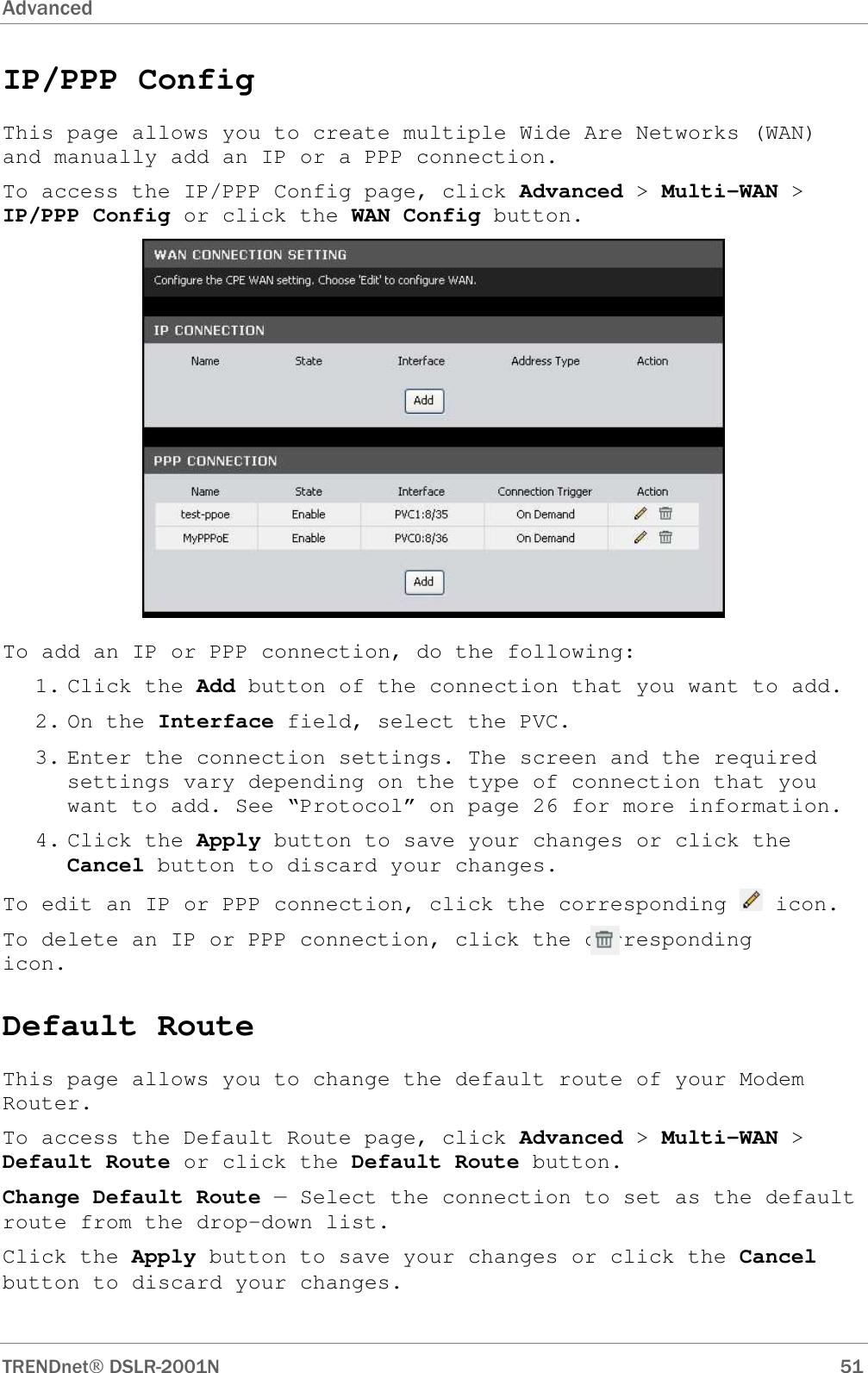 Advanced      TRENDnet DSLR-2001N        51 IP/PPP Config This page allows you to create multiple Wide Are Networks (WAN) and manually add an IP or a PPP connection. To access the IP/PPP Config page, click Advanced &gt; Multi-WAN &gt; IP/PPP Config or click the WAN Config button.  To add an IP or PPP connection, do the following: 1. Click the Add button of the connection that you want to add. 2. On the Interface field, select the PVC. 3. Enter the connection settings. The screen and the required settings vary depending on the type of connection that you want to add. See “Protocol” on page 26 for more information. 4. Click the Apply button to save your changes or click the Cancel button to discard your changes. To edit an IP or PPP connection, click the corresponding   icon. To delete an IP or PPP connection, click the corresponding      icon. Default Route This page allows you to change the default route of your Modem Router. To access the Default Route page, click Advanced &gt; Multi-WAN &gt; Default Route or click the Default Route button. Change Default Route — Select the connection to set as the default route from the drop-down list. Click the Apply button to save your changes or click the Cancel button to discard your changes. 