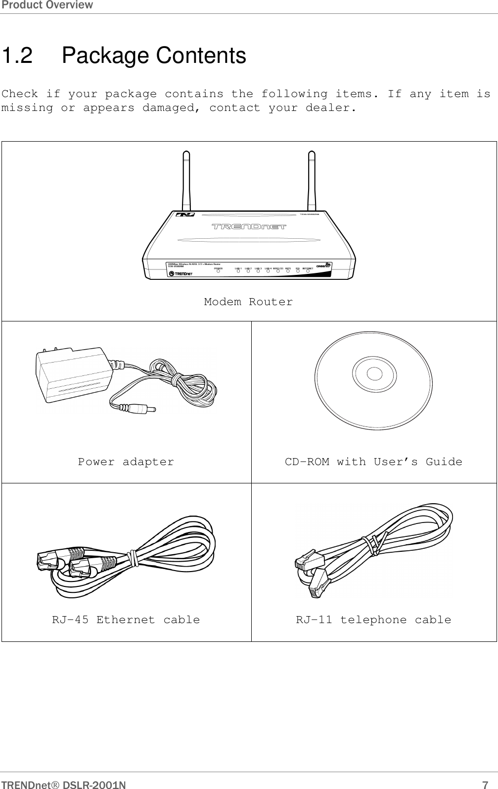 Product Overview  TRENDnet DSLR-2001N        7 1.2  Package Contents Check if your package contains the following items. If any item is missing or appears damaged, contact your dealer.   Modem Router   Power adapter  CD-ROM with User’s Guide    RJ-45 Ethernet cable  RJ-11 telephone cable  