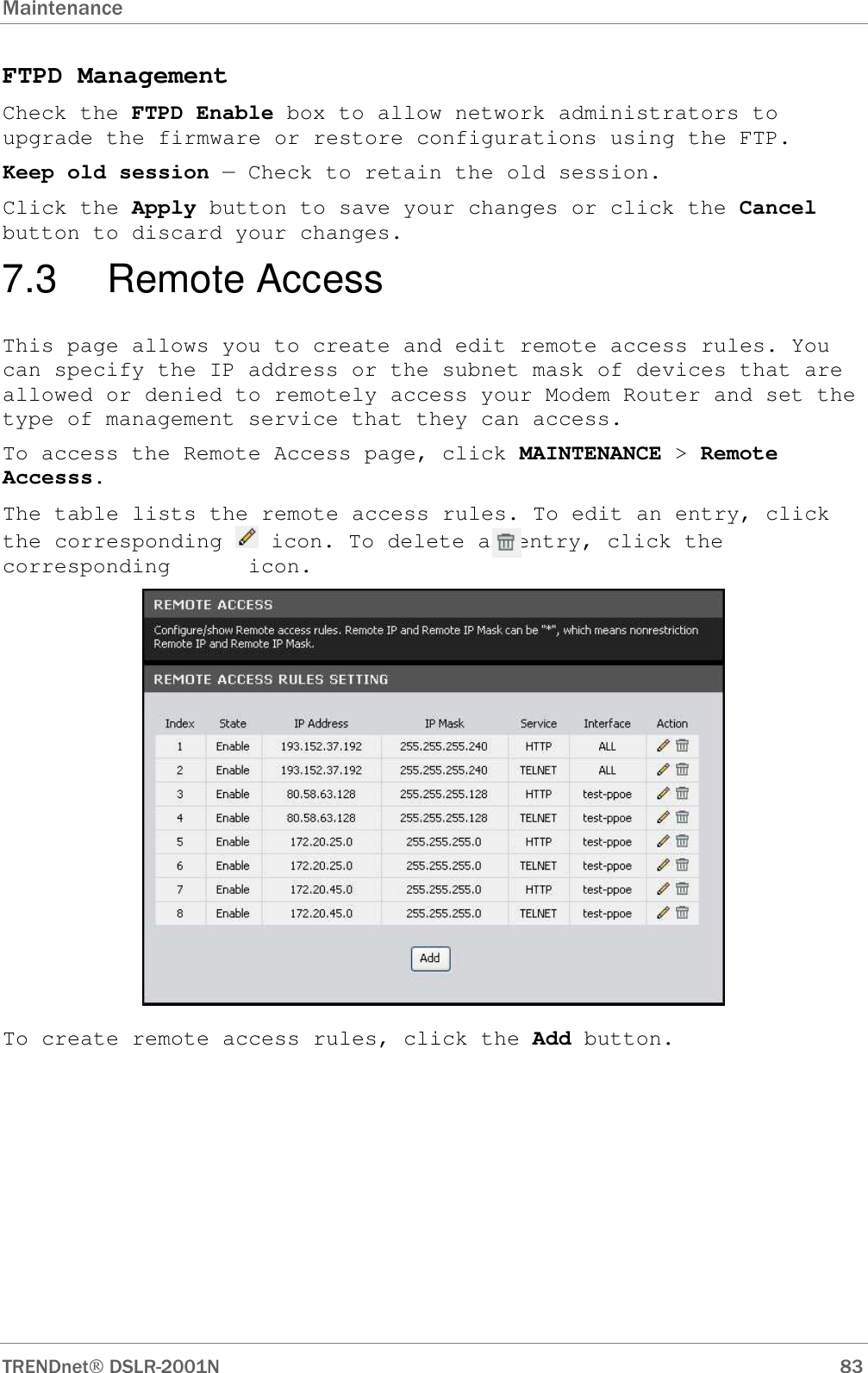 Maintenance      TRENDnet DSLR-2001N        83 FTPD Management Check the FTPD Enable box to allow network administrators to upgrade the firmware or restore configurations using the FTP. Keep old session — Check to retain the old session. Click the Apply button to save your changes or click the Cancel button to discard your changes. 7.3  Remote Access This page allows you to create and edit remote access rules. You can specify the IP address or the subnet mask of devices that are allowed or denied to remotely access your Modem Router and set the type of management service that they can access. To access the Remote Access page, click MAINTENANCE &gt; Remote Accesss. The table lists the remote access rules. To edit an entry, click the corresponding   icon. To delete an entry, click the corresponding      icon.  To create remote access rules, click the Add button. 
