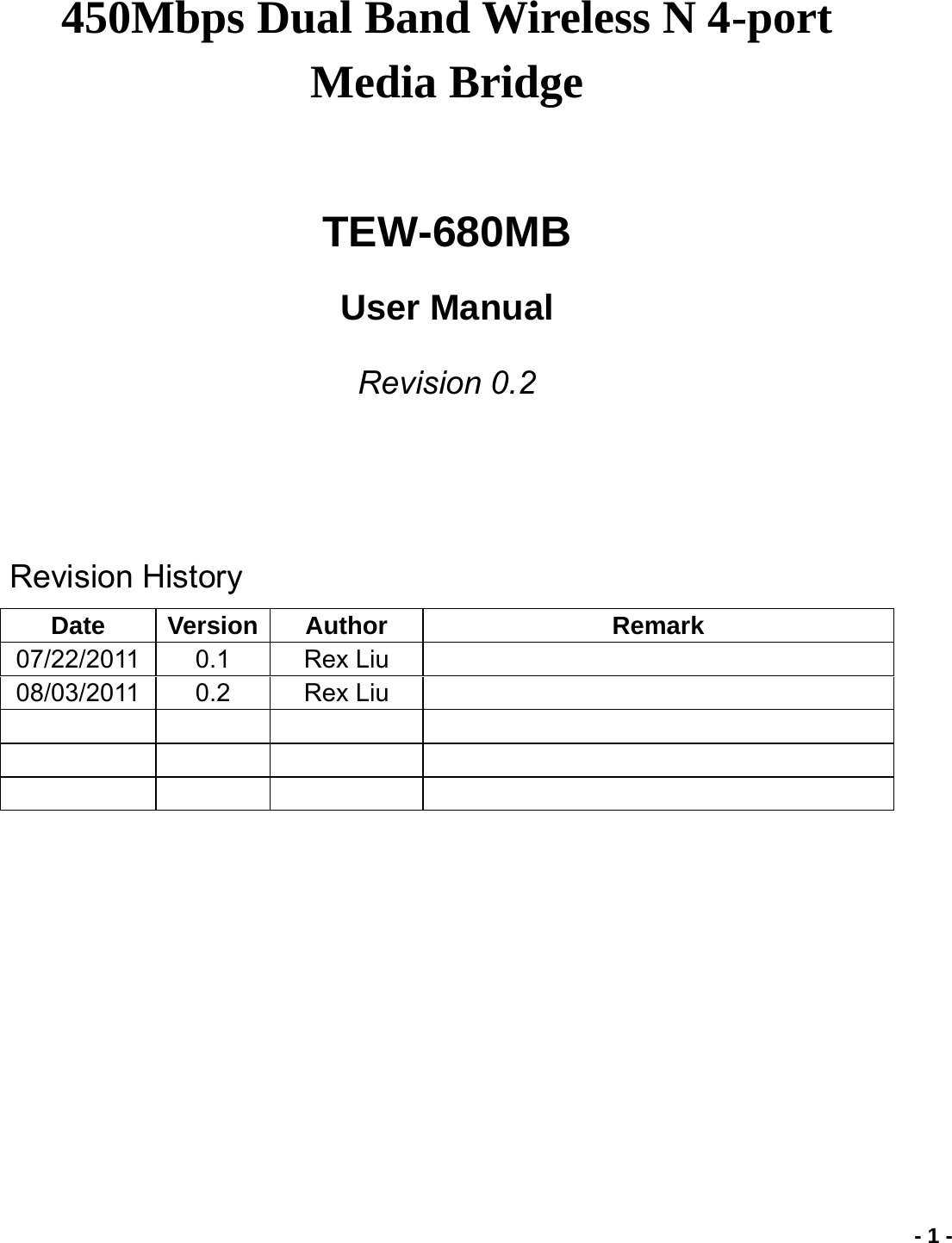                             - 1 -450Mbps Dual Band Wireless N 4-port Media Bridge  TEW-680MB  User Manual Revision 0.2     Revision History Date Version Author  Remark 07/22/2011 0.1  Rex Liu  08/03/2011 0.2  Rex Liu              