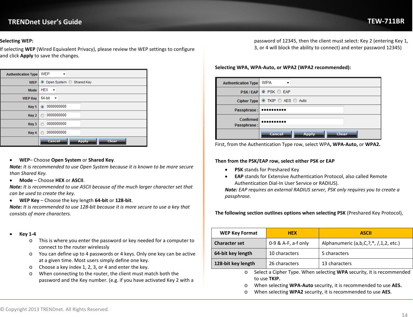              © Copyright 2013 TRENDnet. All Rights Reserved.       TRENDnet User’s Guide TEW-711BR 14 Selecting WEP: If selecting WEP (Wired Equivalent Privacy), please review the WEP settings to configure and click Apply to save the changes.    • WEP– Choose Open System or Shared Key. Note: It is recommended to use Open System because it is known to be more secure than Shared Key. • Mode – Choose HEX or ASCII.  Note: It is recommended to use ASCII because of the much larger character set that can be used to create the key.  • WEP Key – Choose the key length 64-bit or 128-bit. Note: It is recommended to use 128-bit because it is more secure to use a key that consists of more characters.    • Key 1-4 o This is where you enter the password or key needed for a computer to connect to the router wirelessly o You can define up to 4 passwords or 4 keys. Only one key can be active at a given time. Most users simply define one key. o Choose a key index 1, 2, 3, or 4 and enter the key.  o When connecting to the router, the client must match both the password and the Key number. (e.g. if you have activated Key 2 with a password of 12345, then the client must select: Key 2 (entering Key 1, 3, or 4 will block the ability to connect) and enter password 12345)  Selecting WPA, WPA-Auto, or WPA2 (WPA2 recommended):  First, from the Authentication Type row, select WPA, WPA-Auto, or WPA2.  Then from the PSK/EAP row, select either PSK or EAP • PSK stands for Preshared Key • EAP stands for Extensive Authentication Protocol, also called Remote Authentication Dial-In User Service or RADIUS). Note: EAP requires an external RADIUS server, PSK only requires you to create a passphrase.   The following section outlines options when selecting PSK (Preshared Key Protocol),  o Select a Cipher Type. When selecting WPA security, it is recommended to use TKIP. o When selecting WPA-Auto security, it is recommended to use AES. o When selecting WPA2 security, it is recommended to use AES. WEP Key Format HEX ASCII Character set 0-9 &amp; A-F, a-f only Alphanumeric (a,b,C,?,*, /,1,2, etc.) 64-bit key length 10 characters 5 characters 128-bit key length 26 characters 13 characters 