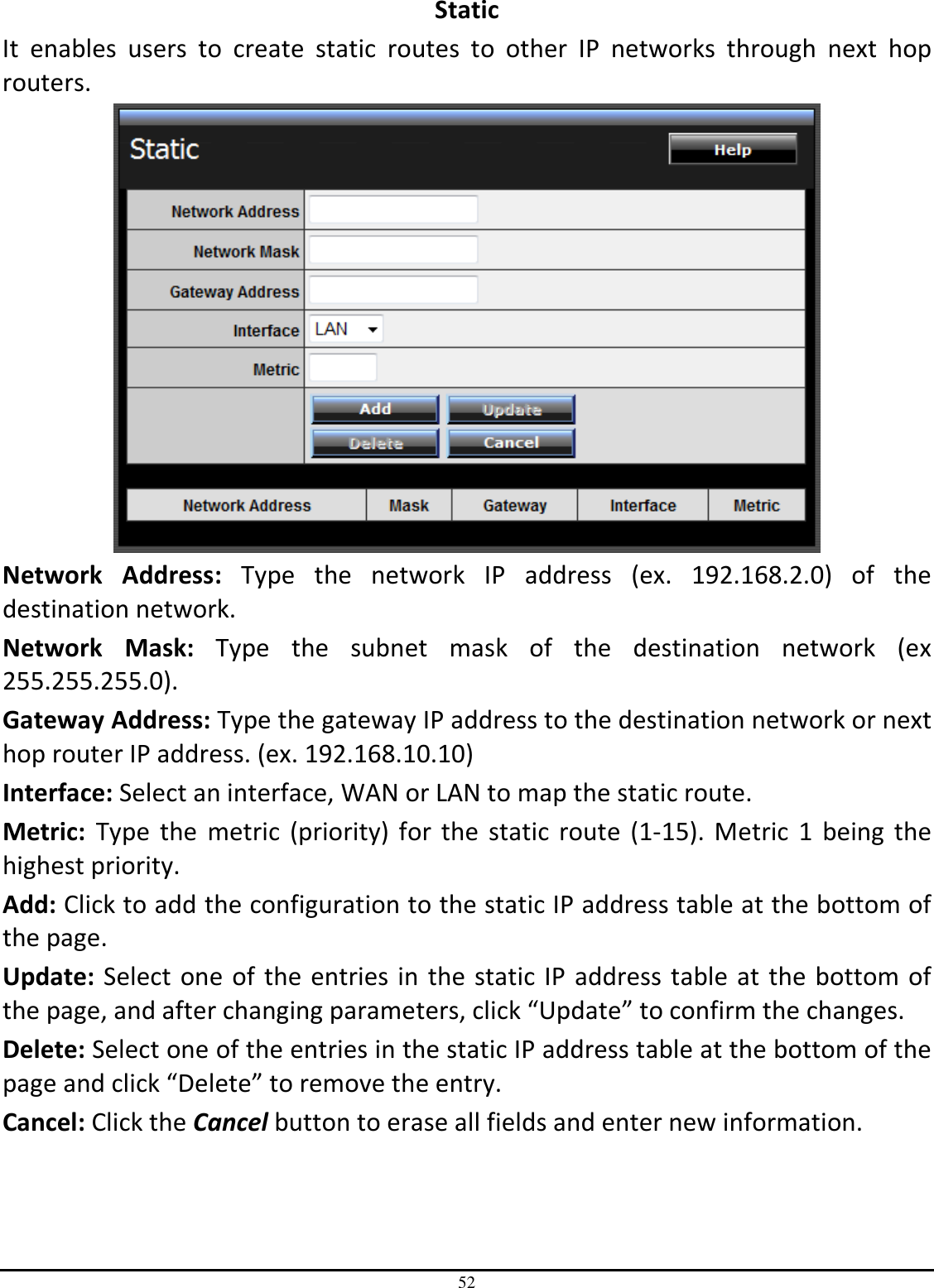 52 Static It  enables  users  to  create  static  routes  to  other  IP  networks  through  next  hop routers.  Network  Address:  Type  the  network  IP  address  (ex.  192.168.2.0)  of  the destination network. Network  Mask:  Type  the  subnet  mask  of  the  destination  network  (ex 255.255.255.0).  Gateway Address: Type the gateway IP address to the destination network or next hop router IP address. (ex. 192.168.10.10) Interface: Select an interface, WAN or LAN to map the static route.  Metric:  Type  the  metric  (priority)  for the  static  route  (1-15).  Metric  1  being the highest priority. Add: Click to add the configuration to the static IP address table at the bottom of the page. Update: Select one of the entries in the static IP address table at the bottom of the page, and after changing parameters, click “Update” to confirm the changes. Delete: Select one of the entries in the static IP address table at the bottom of the page and click “Delete” to remove the entry. Cancel: Click the Cancel button to erase all fields and enter new information. 