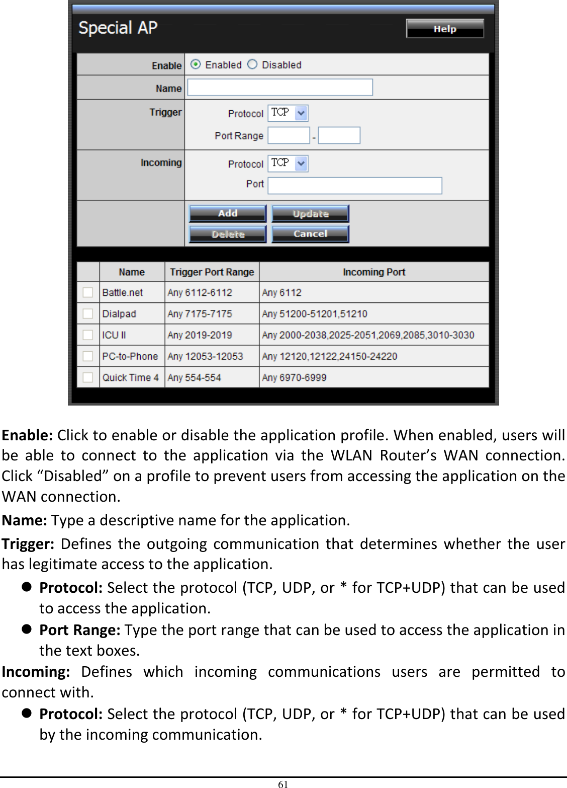 61   Enable: Click to enable or disable the application profile. When enabled, users will be  able  to  connect  to  the  application  via  the  WLAN  Router’s  WAN  connection. Click “Disabled” on a profile to prevent users from accessing the application on the WAN connection. Name: Type a descriptive name for the application. Trigger:  Defines  the  outgoing  communication  that  determines  whether  the  user has legitimate access to the application.  Protocol: Select the protocol (TCP, UDP, or * for TCP+UDP) that can be used to access the application.  Port Range: Type the port range that can be used to access the application in the text boxes. Incoming:  Defines  which  incoming  communications  users  are  permitted  to connect with.  Protocol: Select the protocol (TCP, UDP, or * for TCP+UDP) that can be used by the incoming communication. 