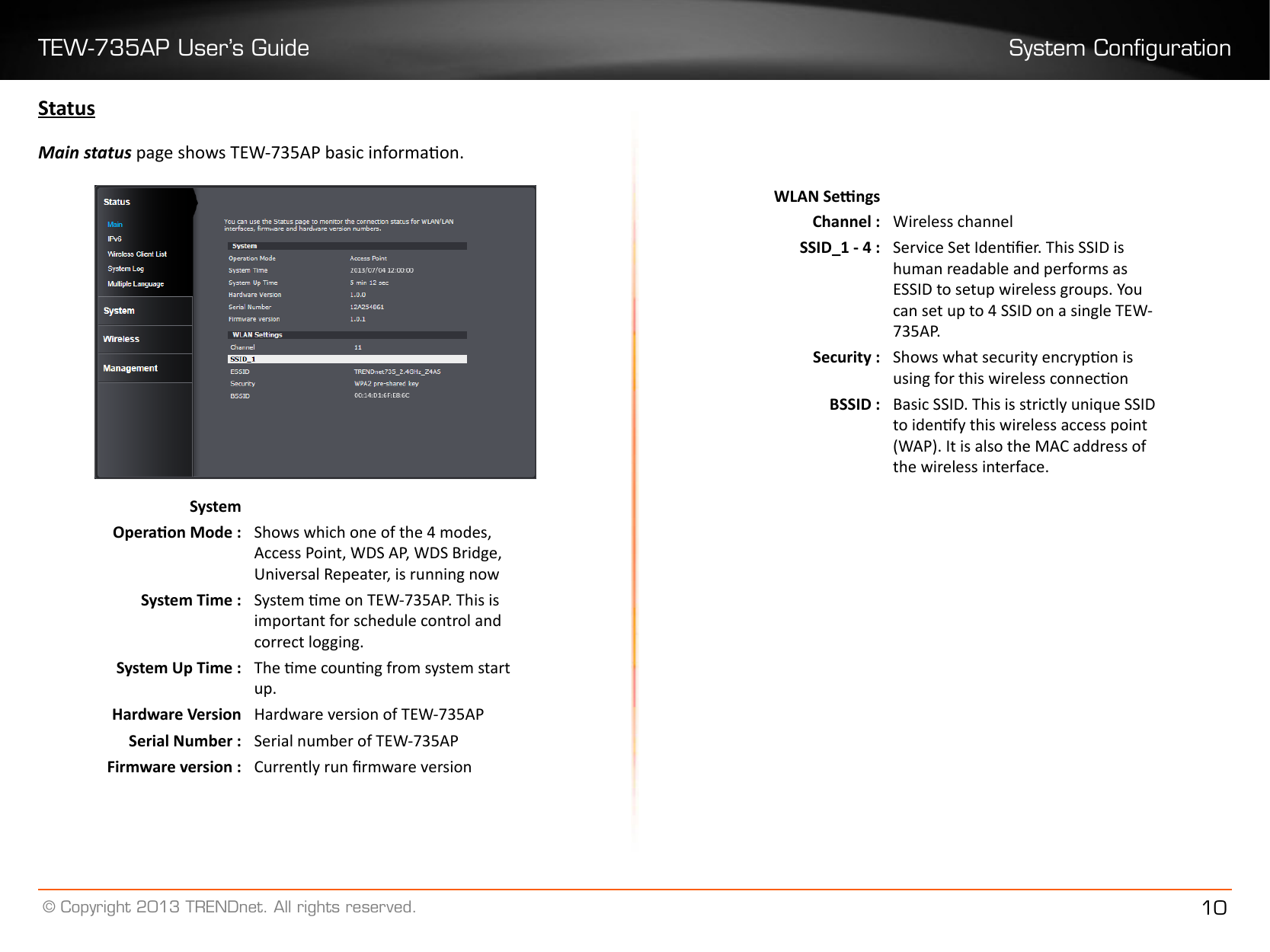 TEW-735AP User’s Guide System Conguration© Copyright 2013 TRENDnet. All rights reserved. 10StatusMain status page shows TEW-735AP basic informaon.SystemOperaon Mode : Shows which one of the 4 modes, Access Point, WDS AP, WDS Bridge, Universal Repeater, is running nowSystem Time : System me on TEW-735AP. This is important for schedule control and correct logging.System Up Time : The me counng from system start up.Hardware Version Hardware version of TEW-735APSerial Number : Serial number of TEW-735APFirmware version : Currently run rmware versionWLAN SengsChannel : Wireless channelSSID_1 - 4 : Service Set Idener. This SSID is human readable and performs as ESSID to setup wireless groups. You can set up to 4 SSID on a single TEW-735AP.Security : Shows what security encrypon is using for this wireless conneconBSSID : Basic SSID. This is strictly unique SSID to idenfy this wireless access point (WAP). It is also the MAC address of the wireless interface.